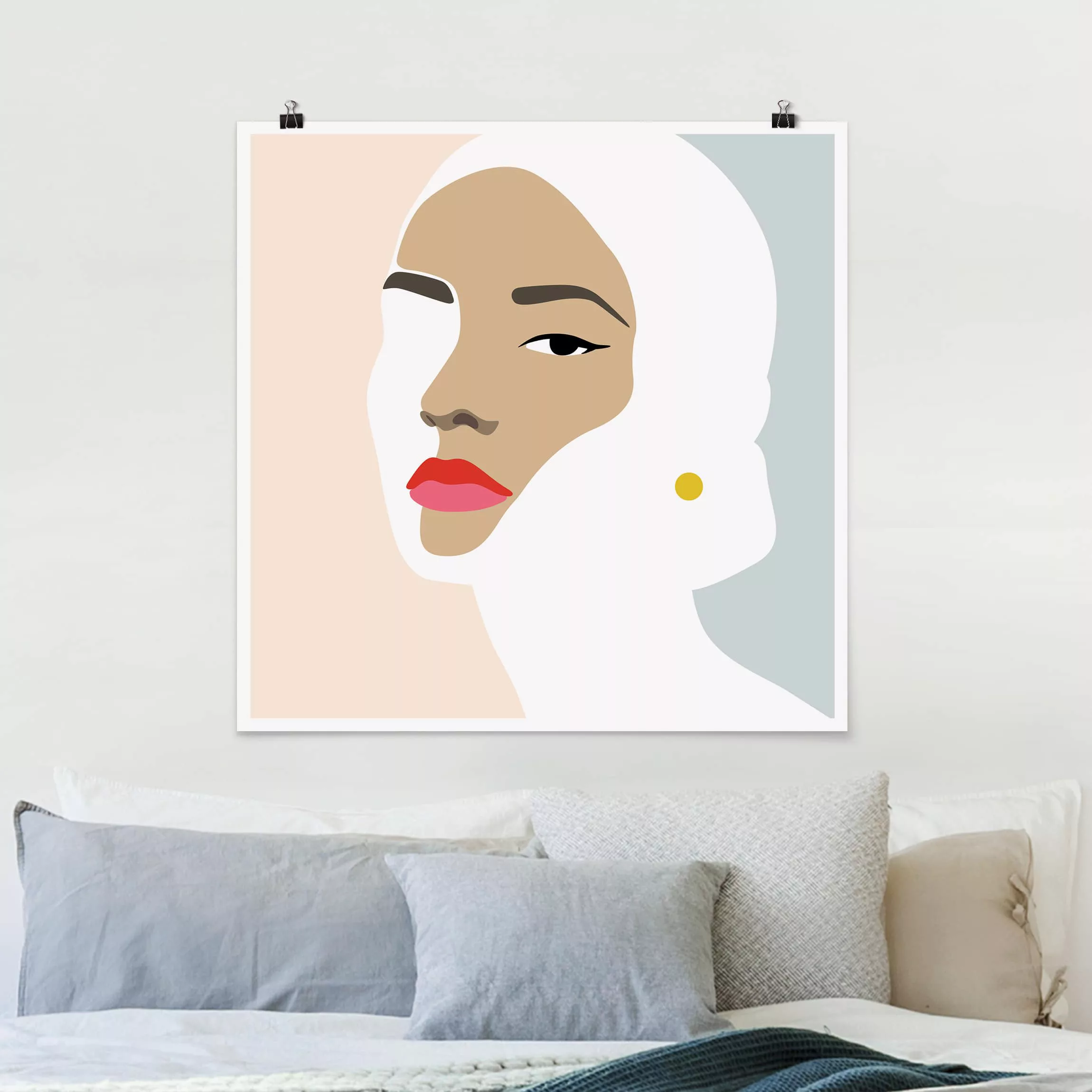 Poster Portrait - Quadrat Line Art Portrait Frau Pastell Grau günstig online kaufen