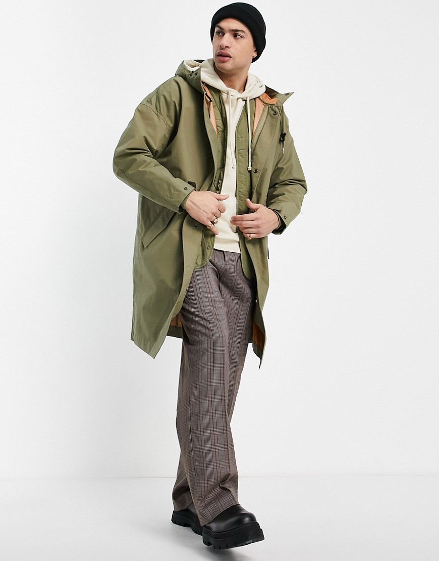 Pull&Bear – Lange Parka-Jacke in Khaki-Grün günstig online kaufen