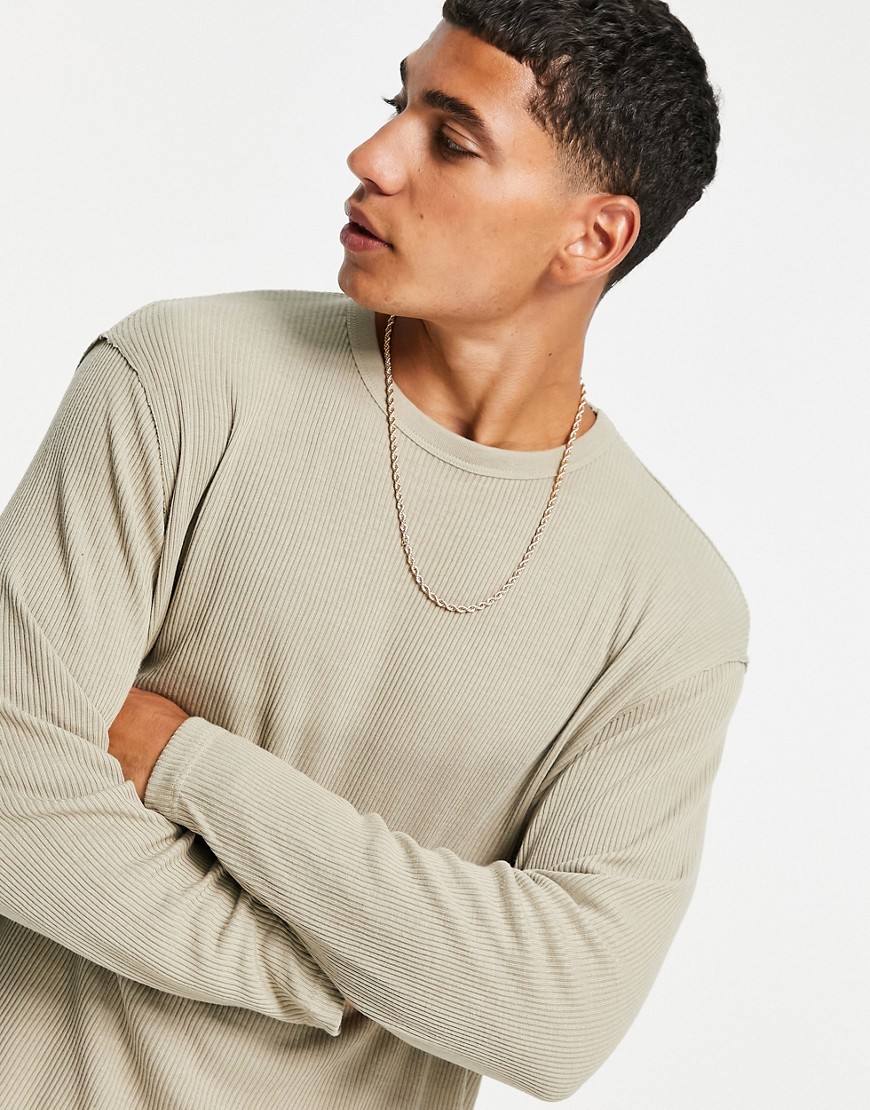 Bershka – Gerippter Oversize-Pullover in Beige mit Rundhalsausschnitt-Neutr günstig online kaufen