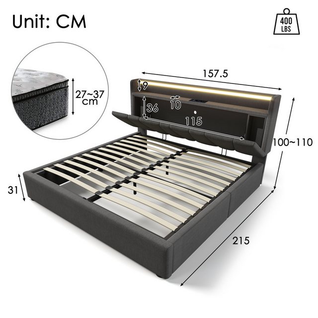 Rutaqian Polsterbett Stauraumbett Doppelbett mit LED, Bettgestell aufladen günstig online kaufen