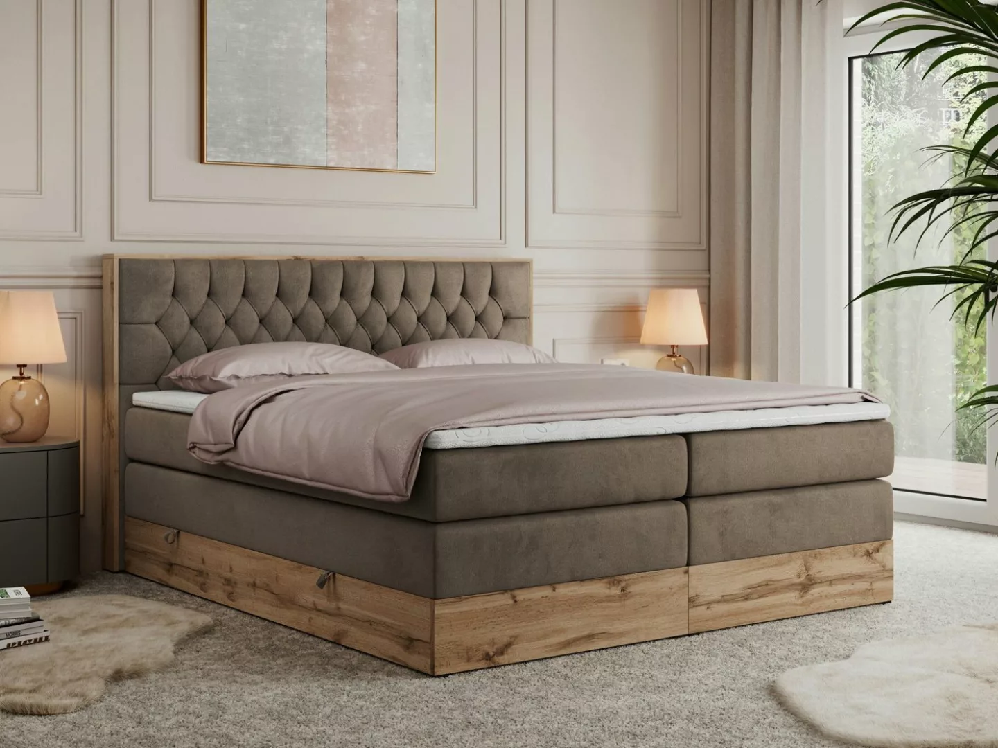 DB-Möbel Boxspringbett "KING LETTO" (Holzrahmen in Eiche-Optik, Topper T-25 günstig online kaufen