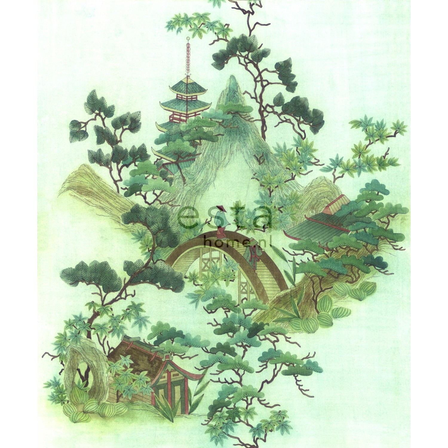 ESTAhome Fototapete Chinoiserien Grün und Braun 232,5 cm x 2,79 m 158114 günstig online kaufen