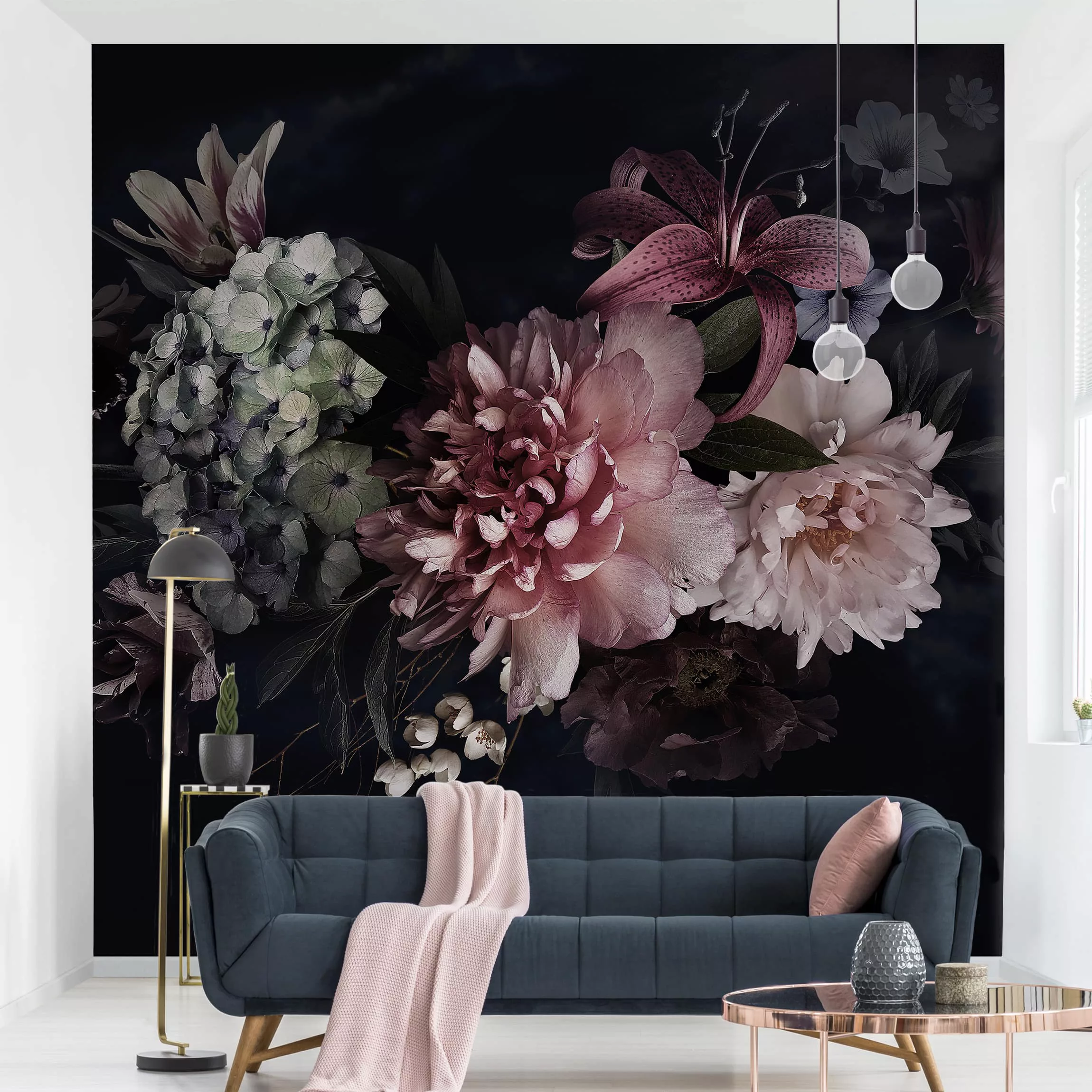 Bilderwelten Fototapete Blumen mit Nebel auf Schwarz schwarz Gr. 432 x 290 günstig online kaufen