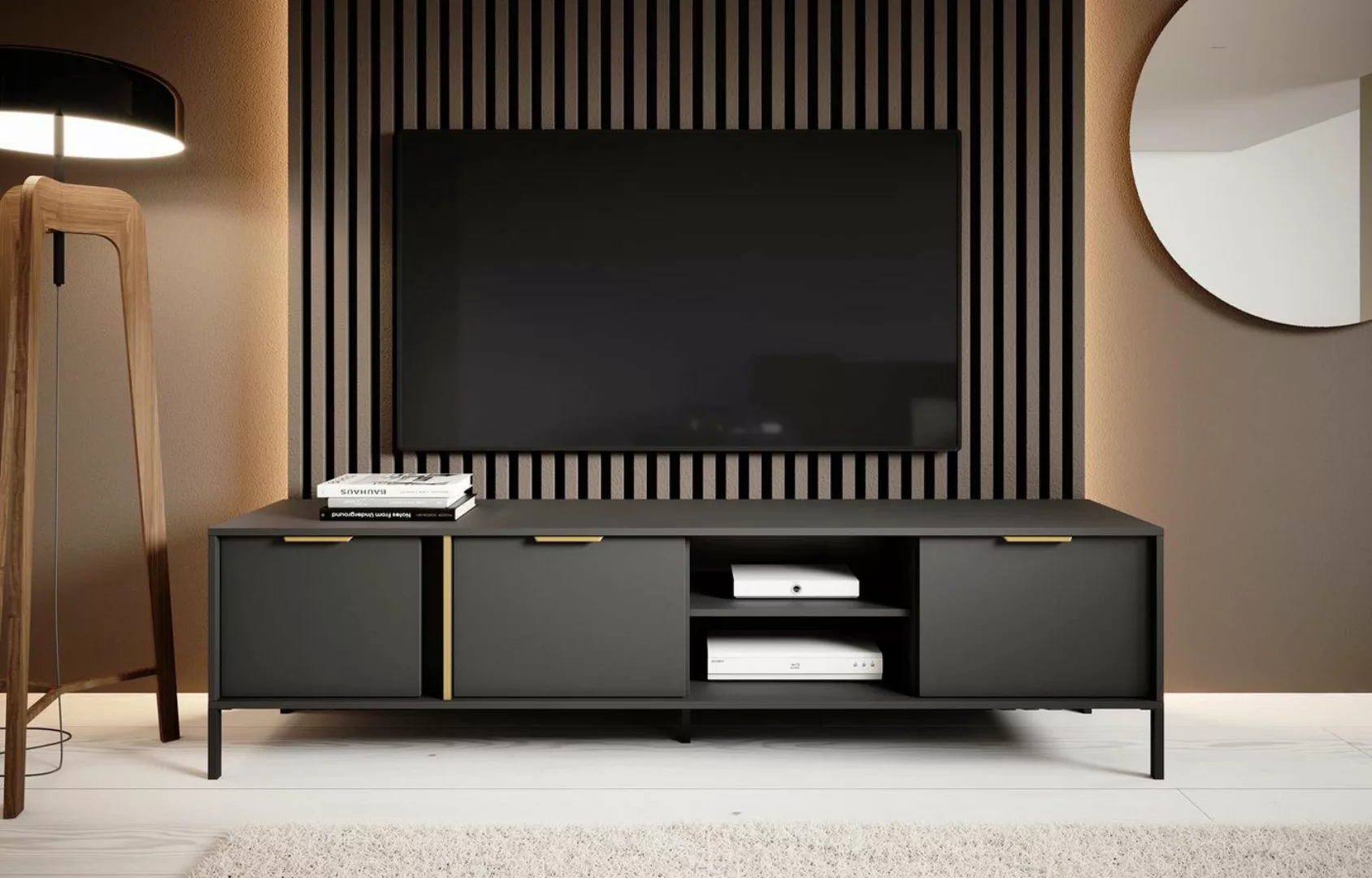 Compleo TV-Schrank mit golden Griffe, Möbelfarbe: Anthrazit, Glamour-Stil N günstig online kaufen