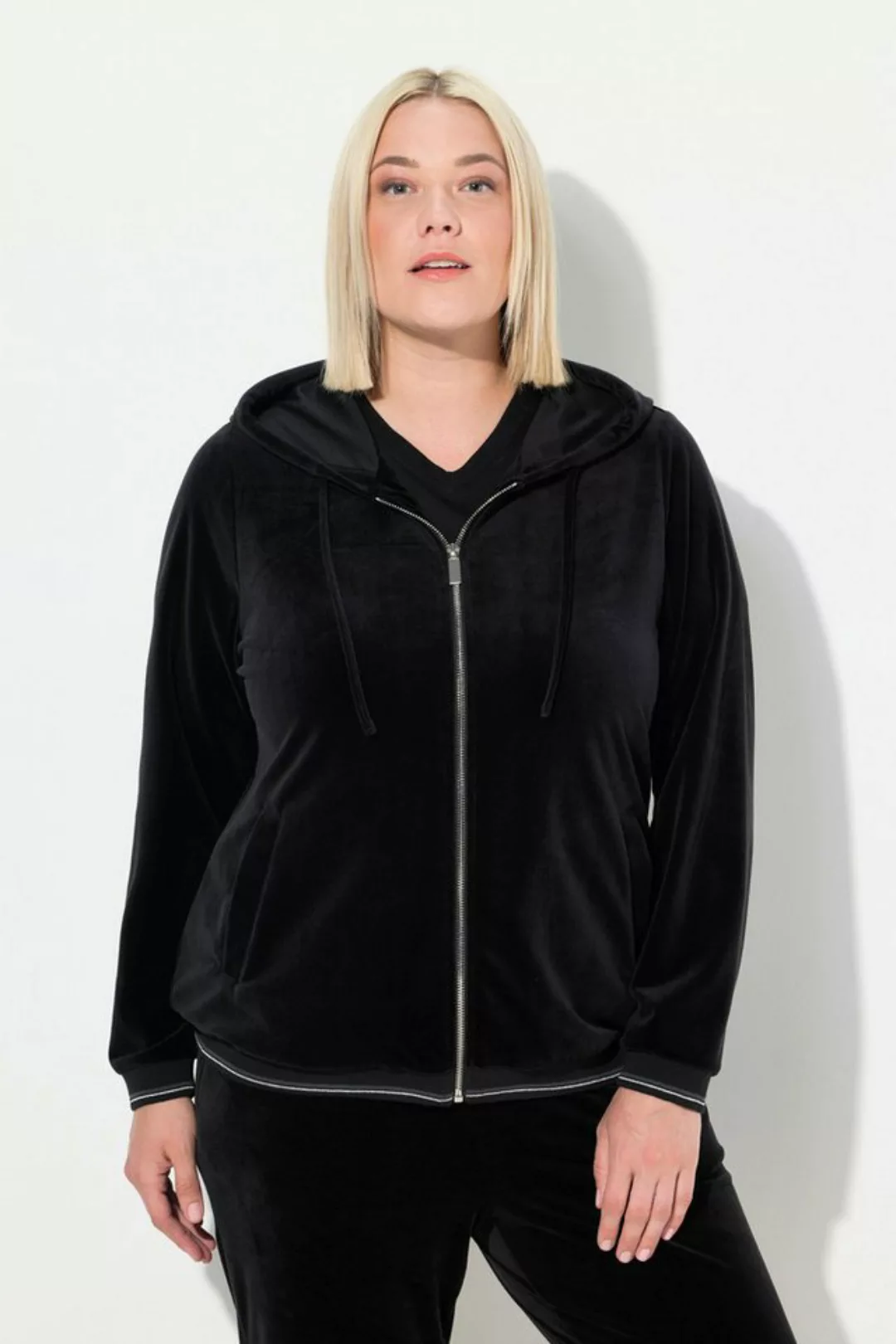 Ulla Popken Sweatjacke Samt-Sweatjacke Blüte Kapuze günstig online kaufen