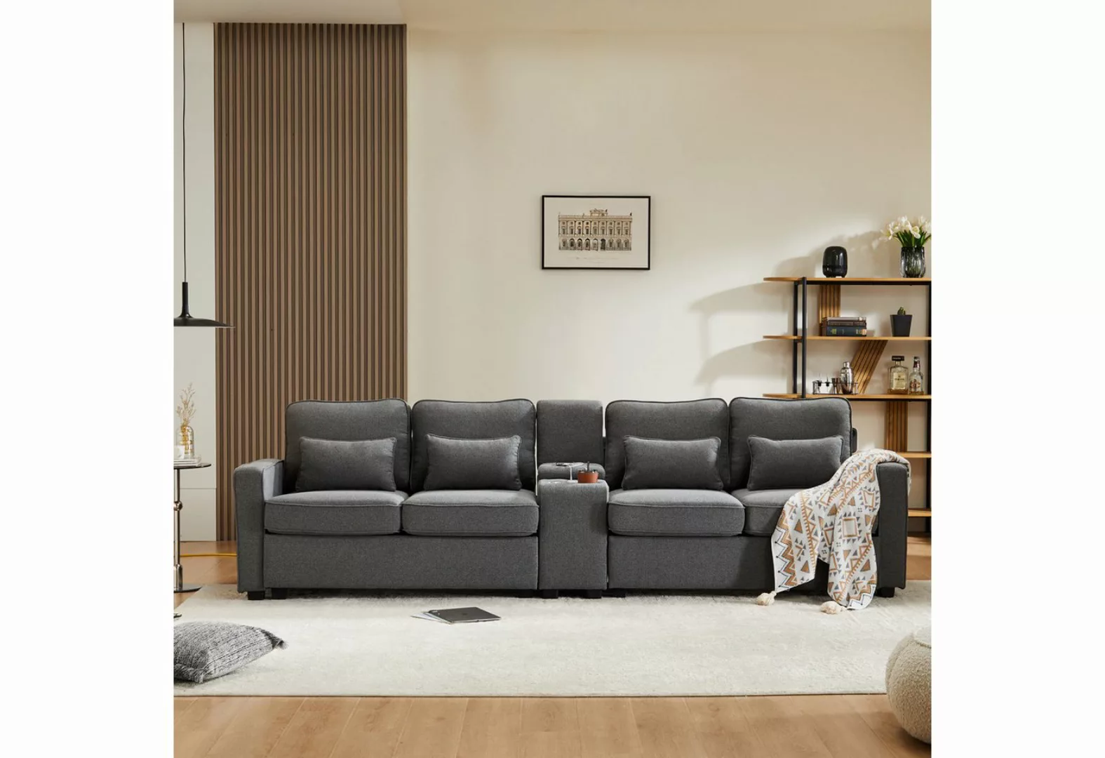 REDOM Sofa Schlafsofa, 4-Sitzer-Sofa aus Leinenstoff, mit Konsole, 2 Geträn günstig online kaufen