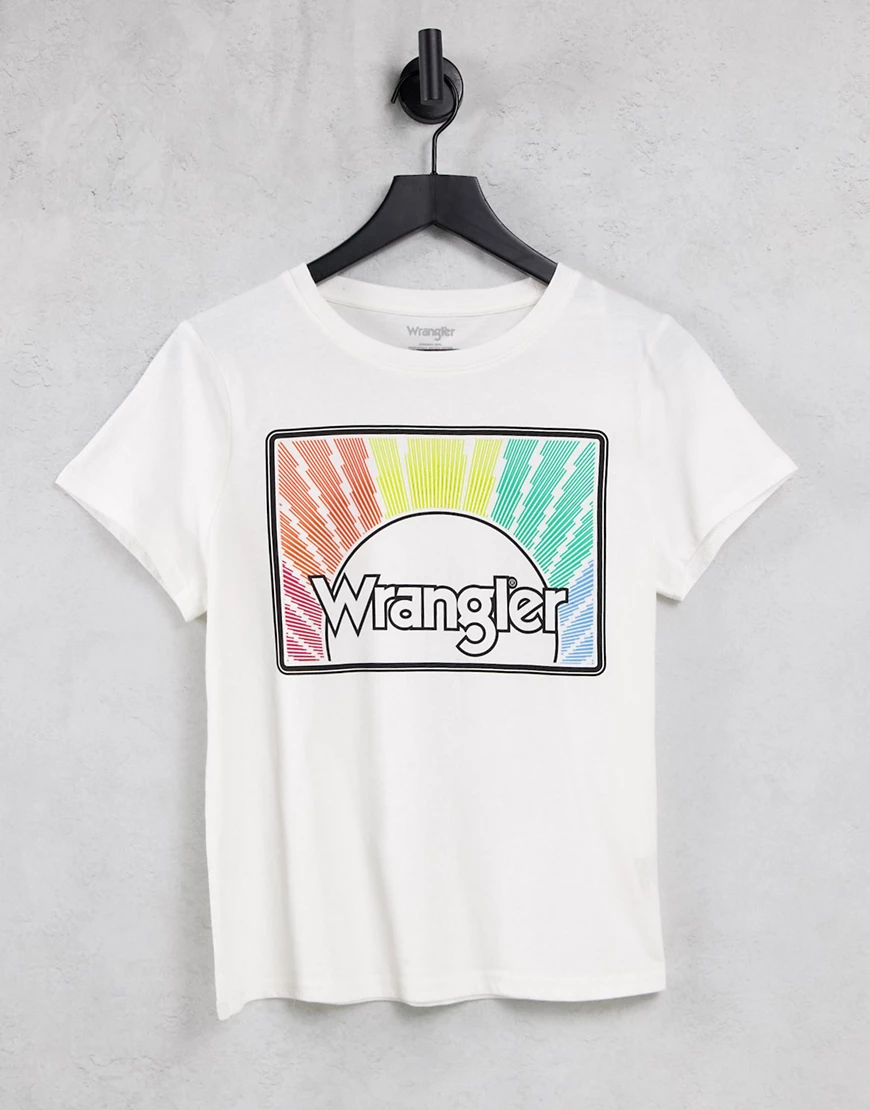Wrangler – Kurzärmliges T-Shirt in gebrochenem Weiß mit Regenbogen-Grafik günstig online kaufen
