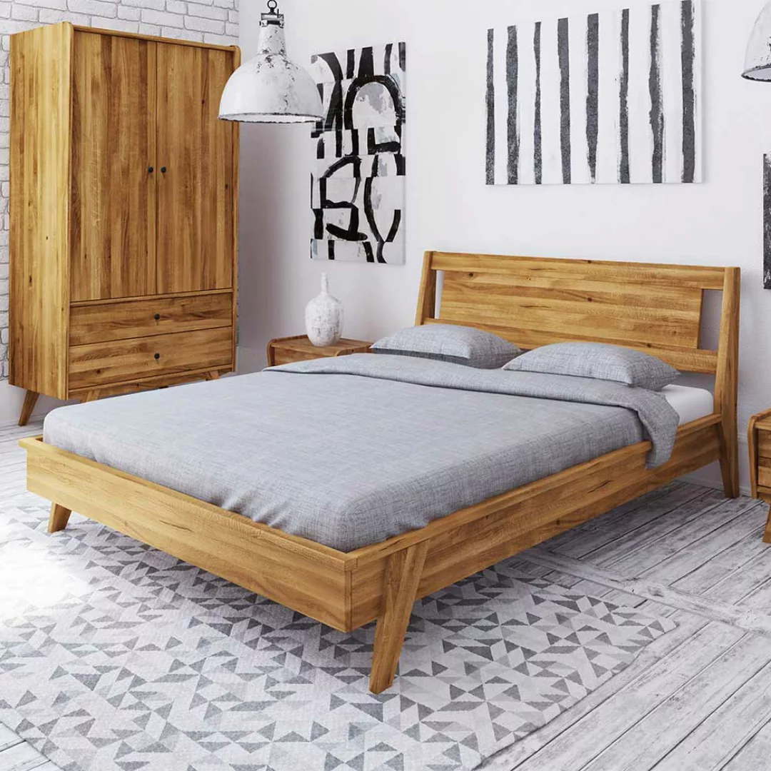 Echtholzbett aus Wildeiche Massivholz Retro Design günstig online kaufen