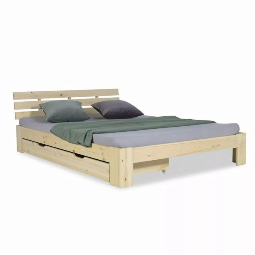 Homestyle4u Holzbett Doppelbett 140x200 cm Lattenrost Bettkasten Natur günstig online kaufen
