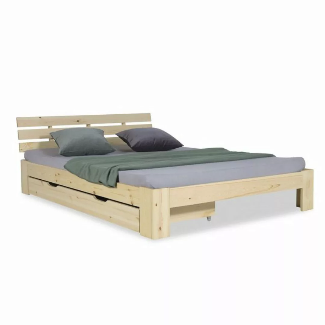 Homestyle4u Holzbett 140x200 Doppelbett cm inkl. Lattenrost + Bettkasten Na günstig online kaufen