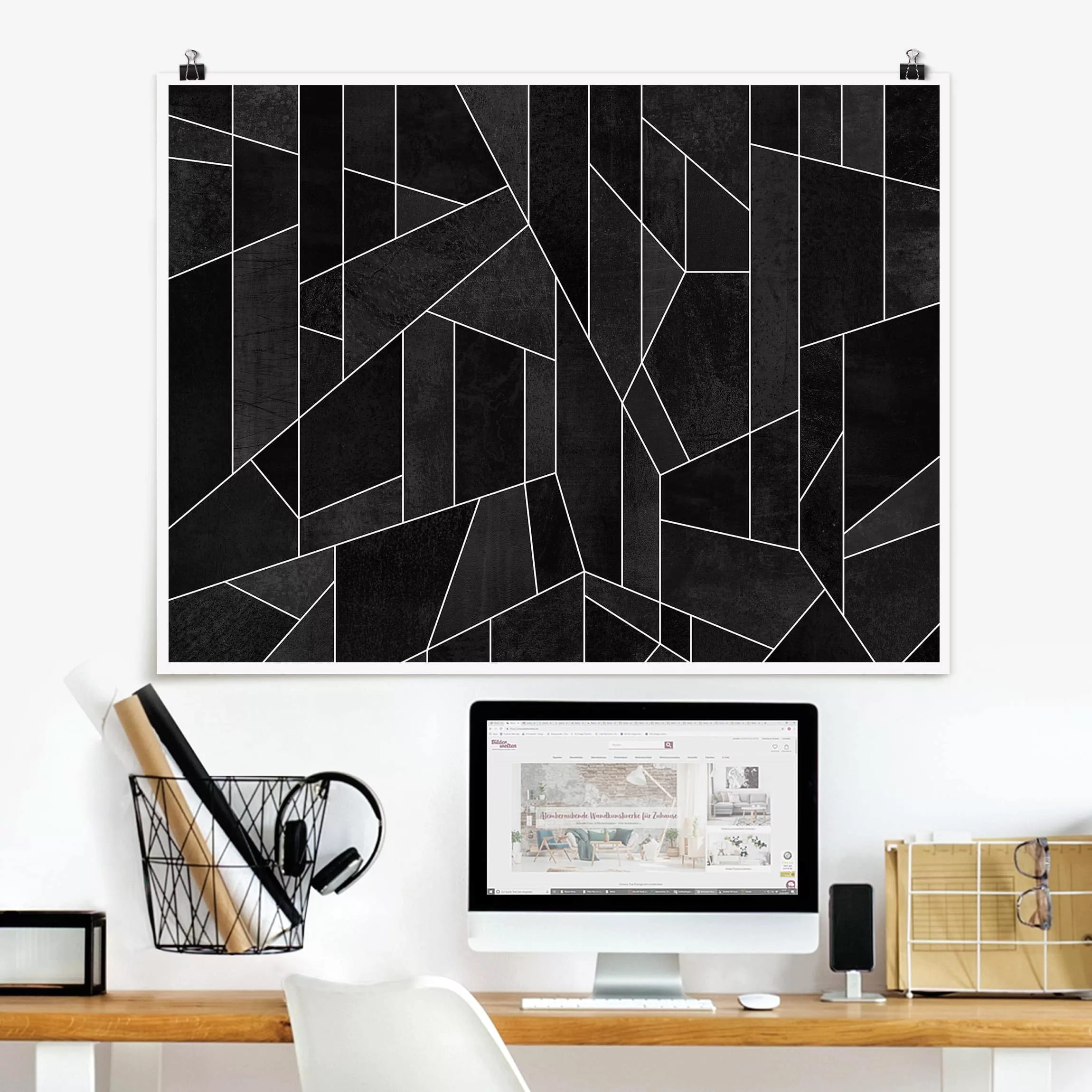 Poster Abstrakt - Querformat Schwarz Weiß Geometrie Aquarell günstig online kaufen