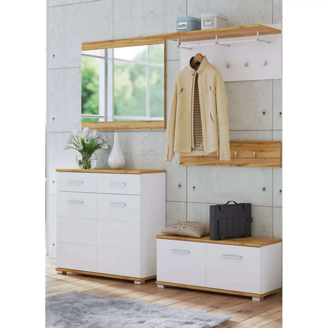Garderoben-Set 5-teilig mit Spiegel und Schuhbank in weiß mit Eiche HUESCA- günstig online kaufen