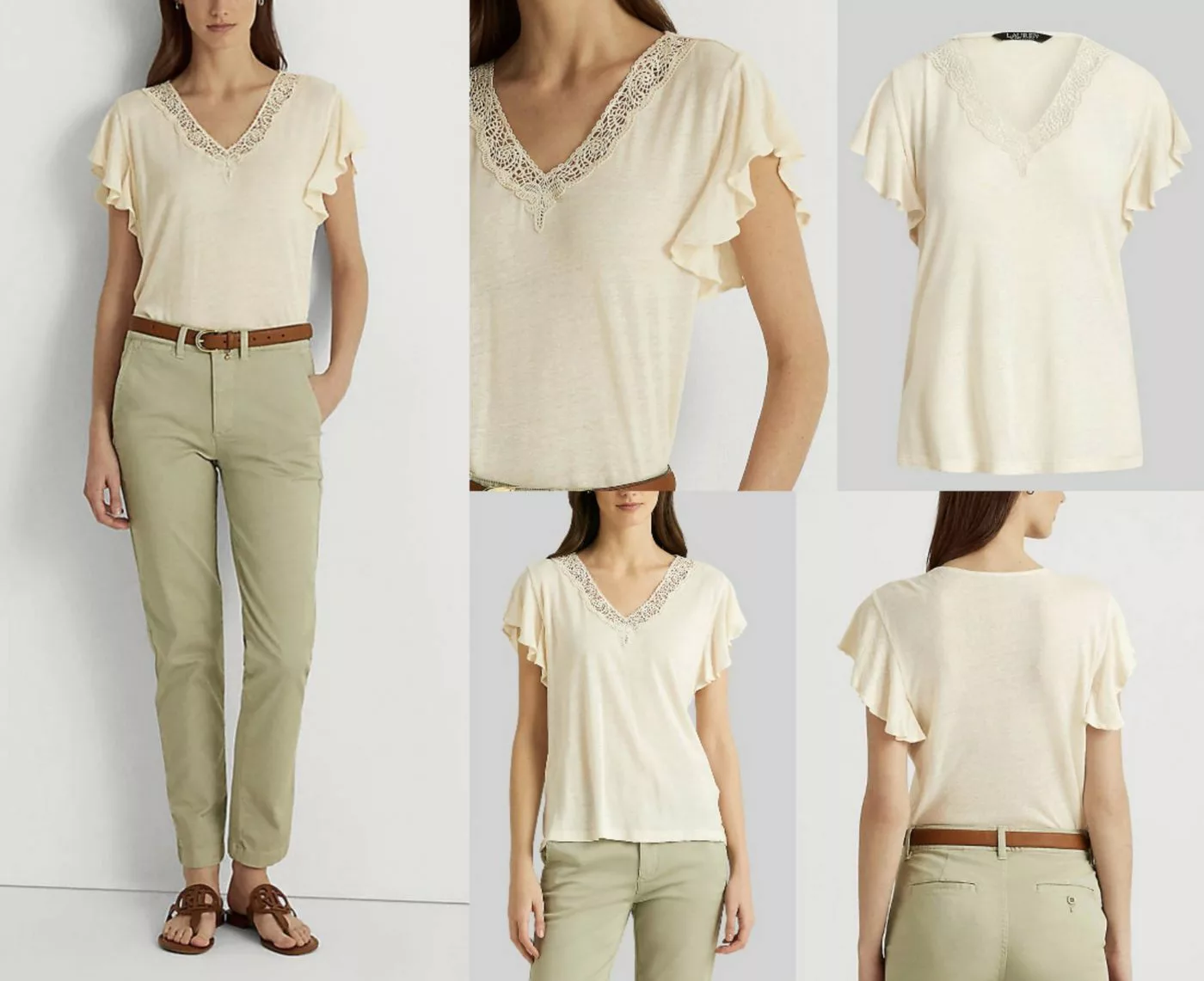 Ralph Lauren T-Shirt LAUREN RALPH LAUREN SIGLAY LINEN V-Neck Ruffle Shirt T günstig online kaufen