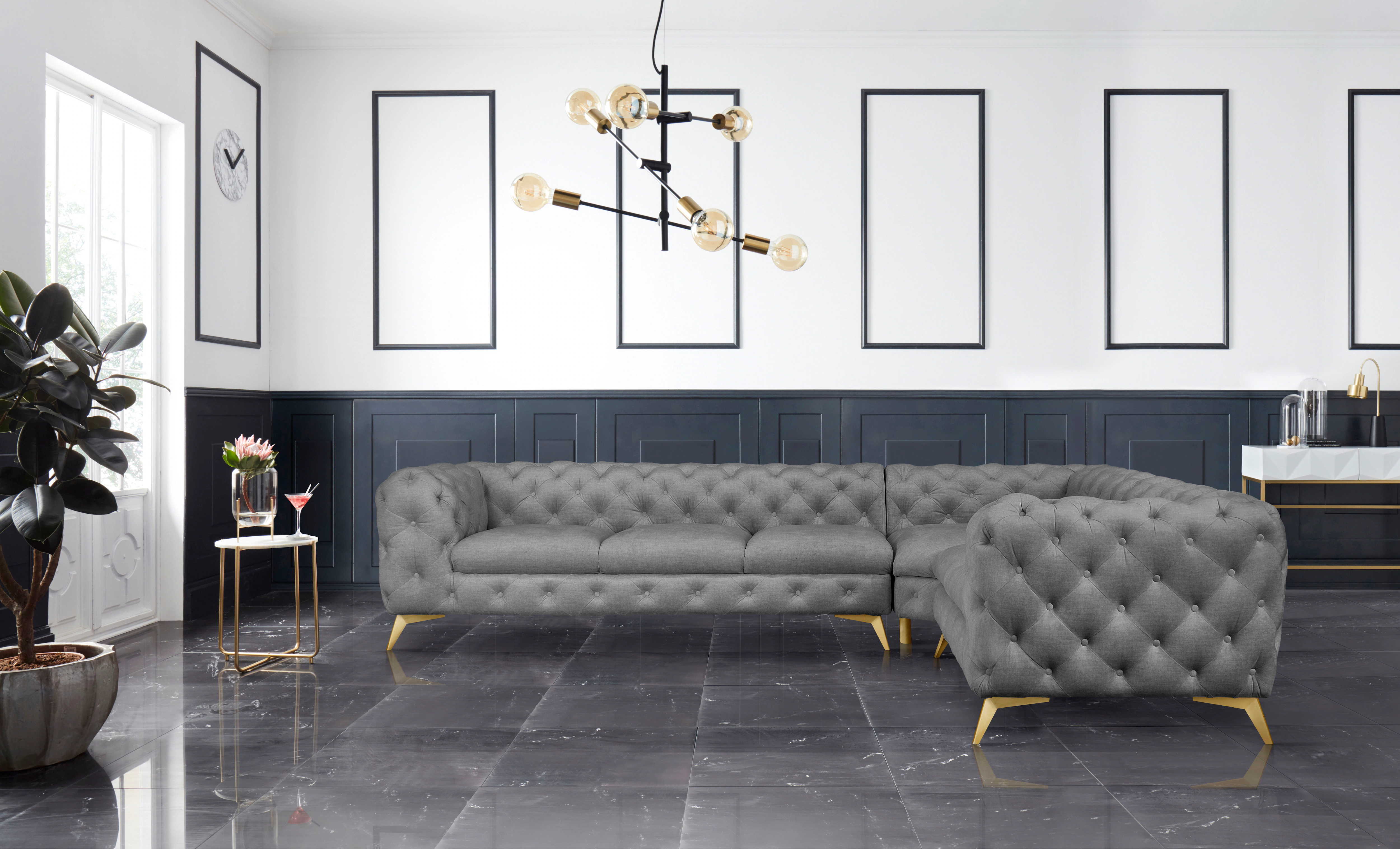 Leonique Chesterfield-Sofa "Ecksofa GLYNIS L-Form mit Wellenunterfederung, günstig online kaufen
