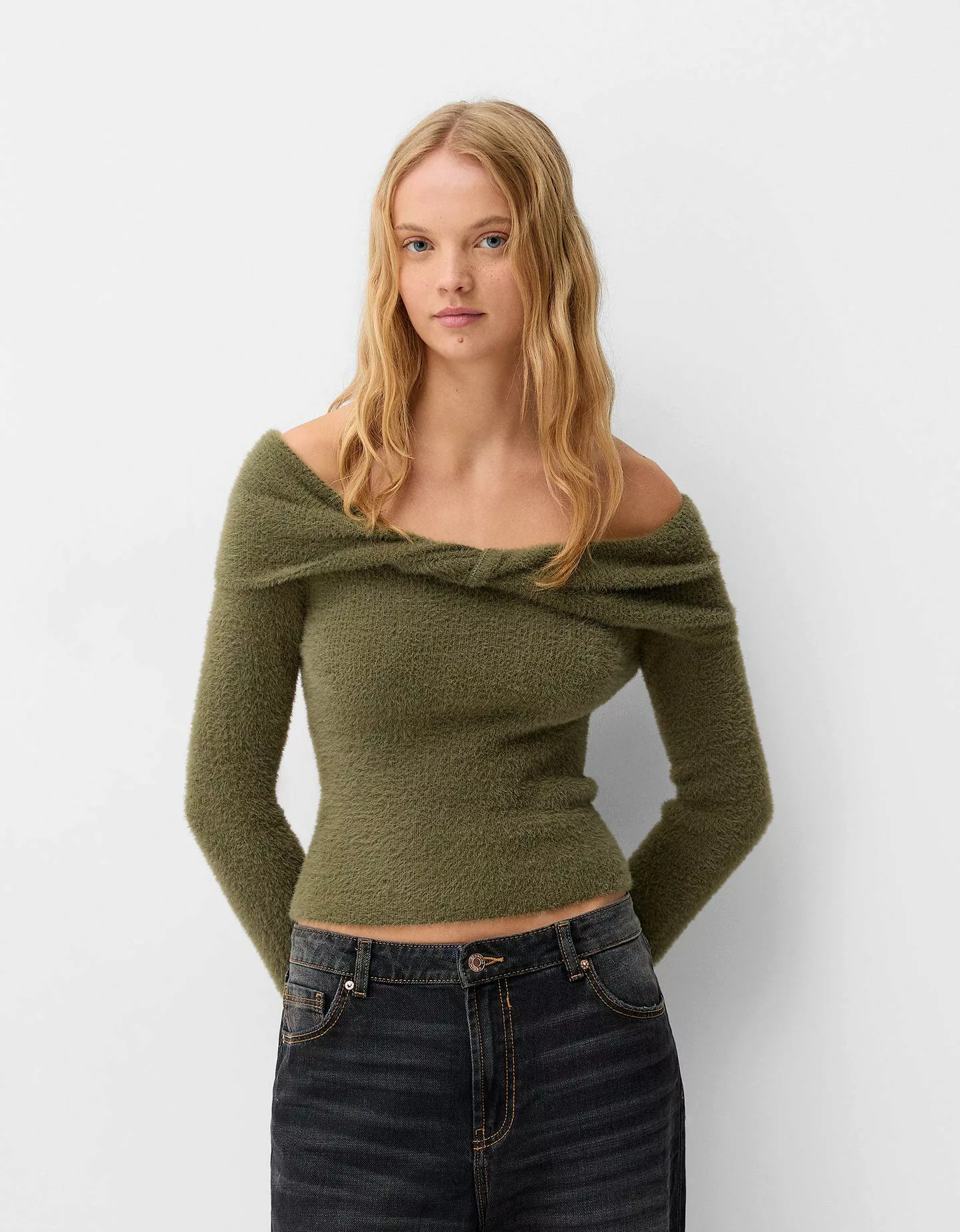 Bershka Bardot-Pullover Kunstfell Damen L Grün günstig online kaufen