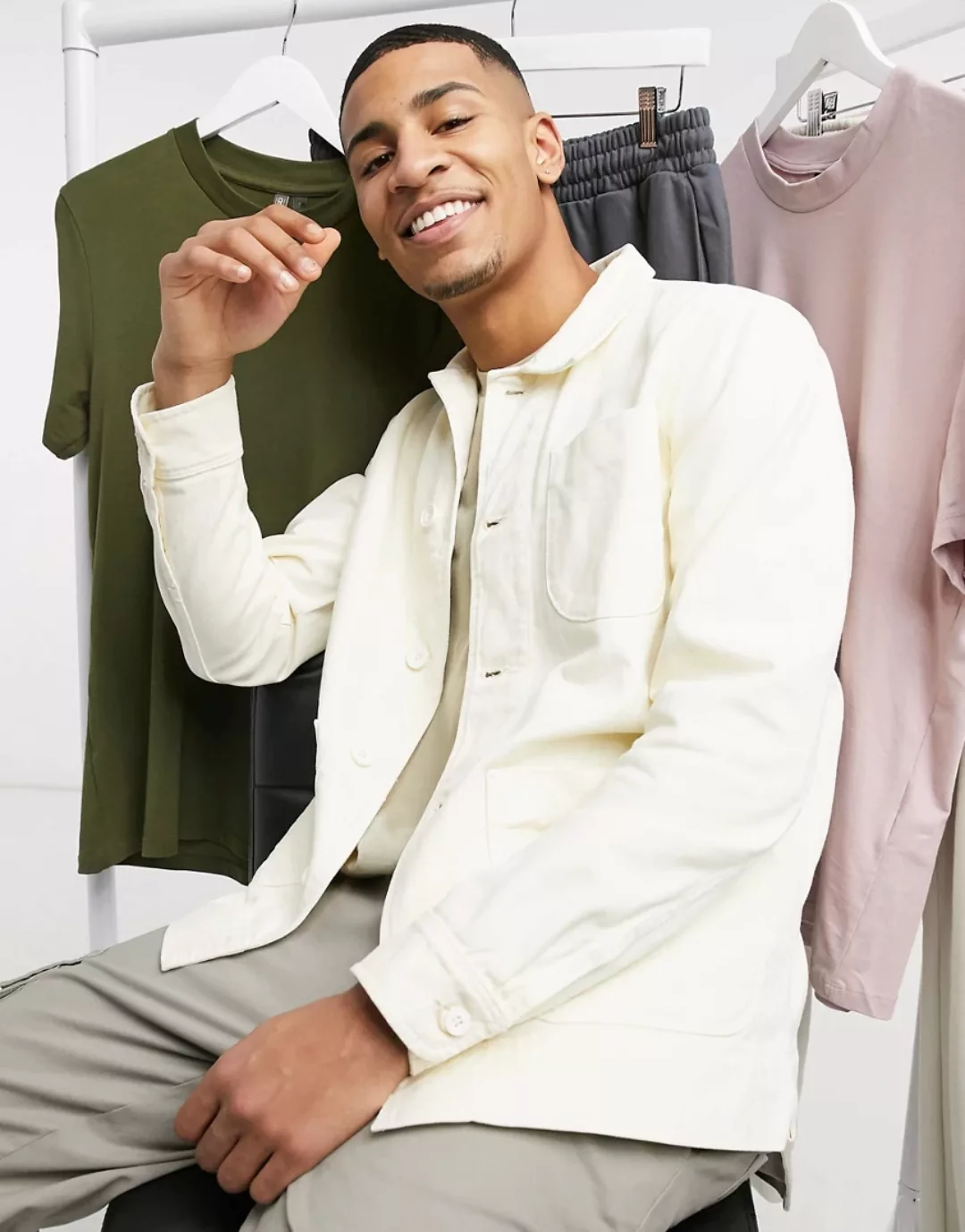 Knowledge Cotton Apparel – Hemdjacke aus Bio-Baumwolltwill in Cremeweiß günstig online kaufen