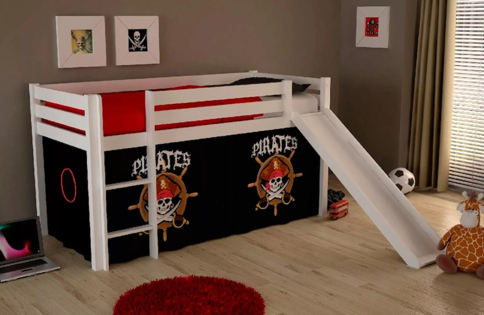 Hochbett Kinderzimmer PINOO-12 mit Rutsche und Textilset Pirates in Kiefer günstig online kaufen