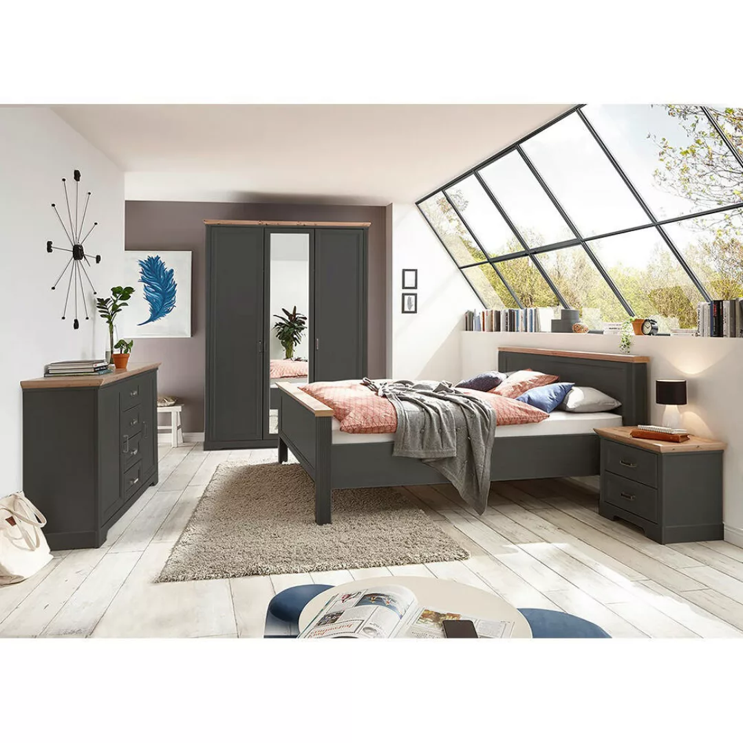Schlafzimmer Set 4-teilig Bett 160x200cm Graphit mit Eiche JÜLICH-77 günstig online kaufen