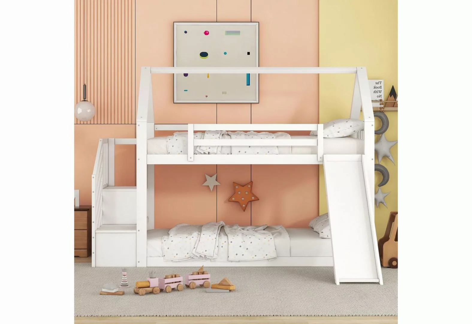 OKWISH Bett Etagenbett, Kinderbett, Hausbett 90x200cm (mit Stauraumtreppe u günstig online kaufen