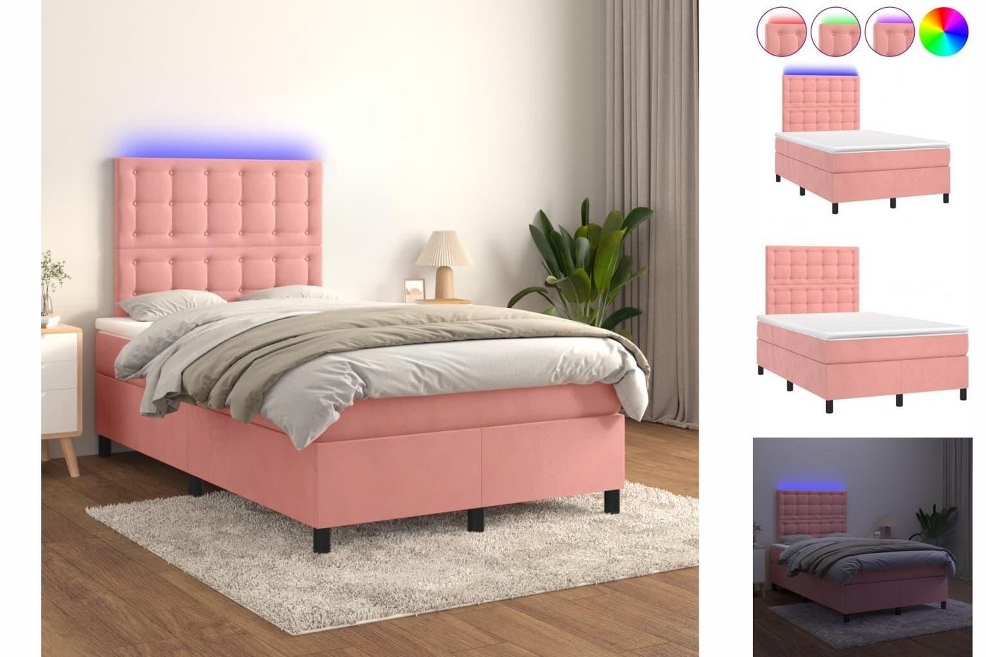 vidaXL Bettgestell Boxspringbett mit Matratze LED Rosa 120x200 cm Samt Bett günstig online kaufen