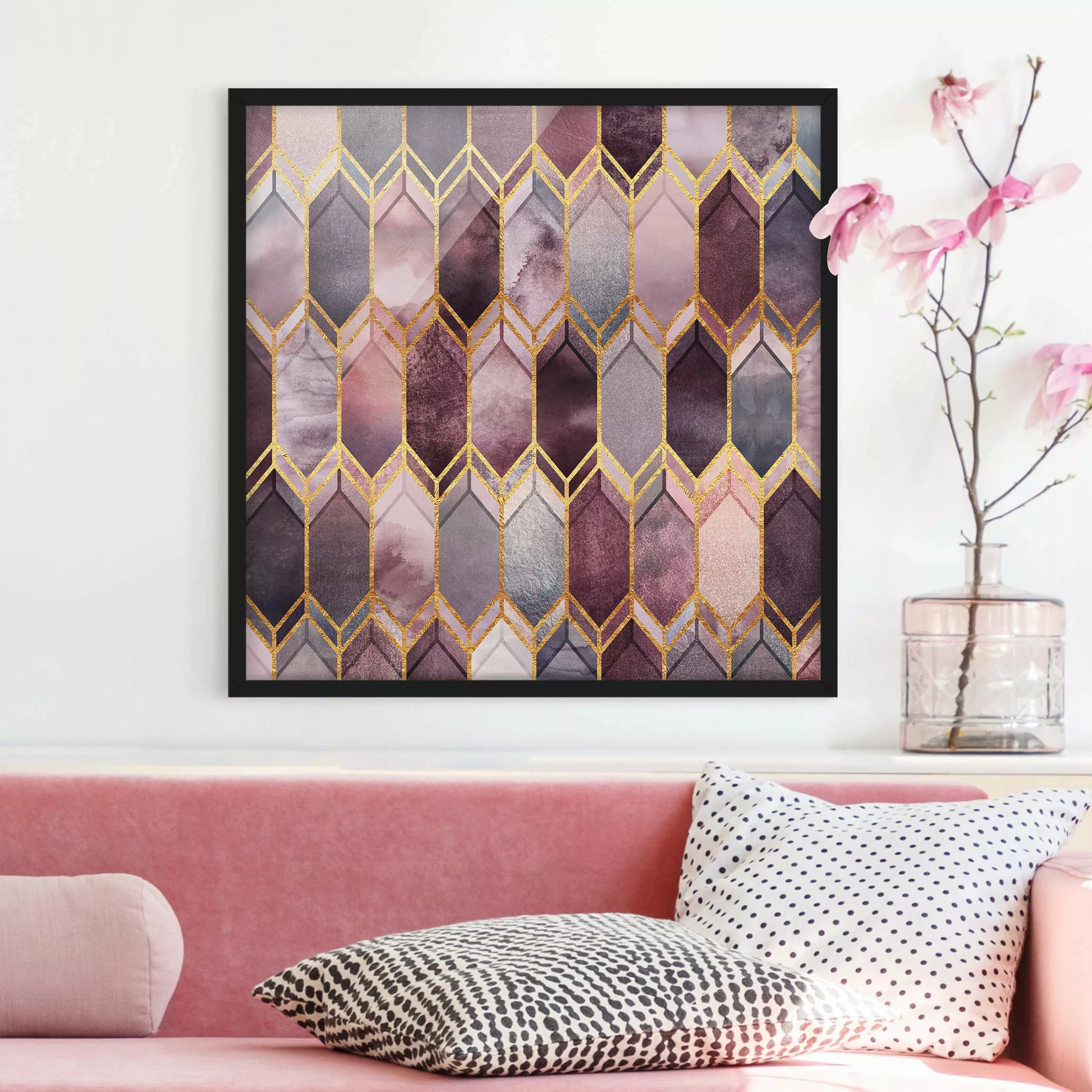 Bild mit Rahmen Abstrakt - Quadrat Glasmalerei geometrisch Rosé Gold günstig online kaufen