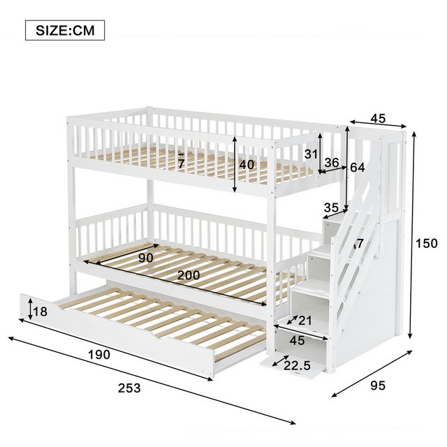 Flieks Etagenbett, Kinderbett 90x200cm mit Stauraumtreppe und Ausziehbett 9 günstig online kaufen