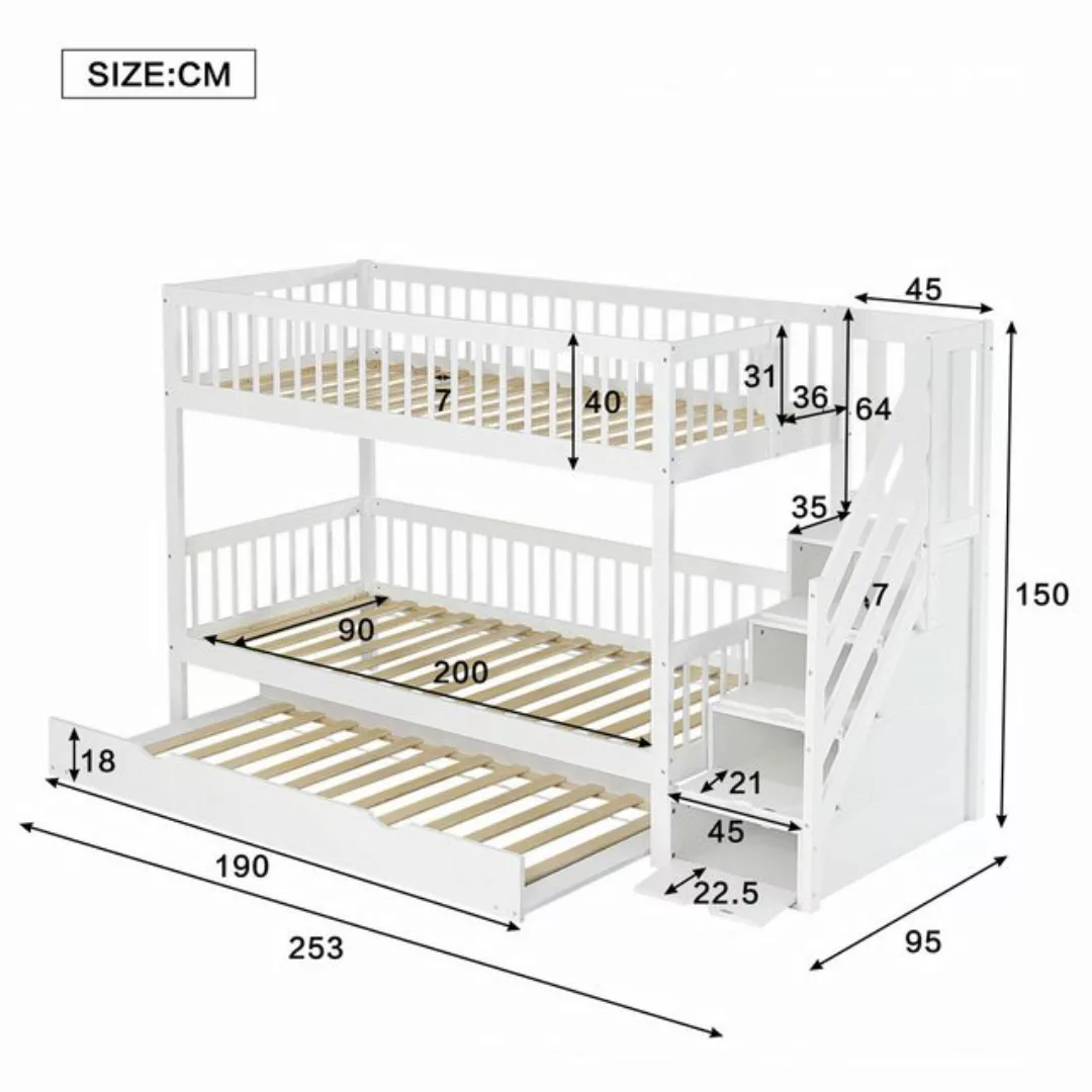 Flieks Etagenbett, Kinderbett 90x200cm mit Stauraumtreppe und Ausziehbett 9 günstig online kaufen