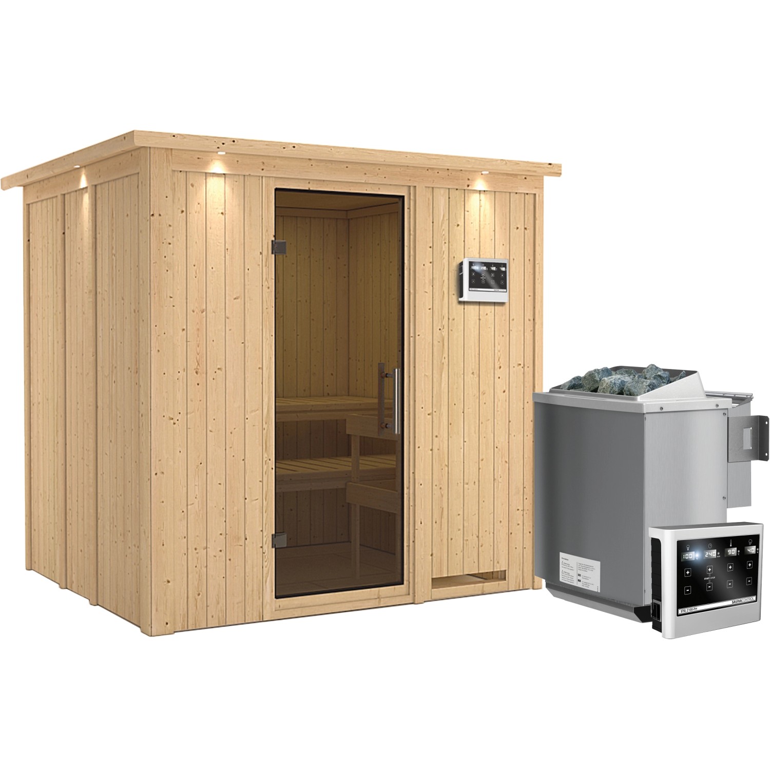 Karibu Sauna Stina inkl. Bio-Ofen 9 kW m. ext. Steuerung, Dachkranz, Tür Gr günstig online kaufen