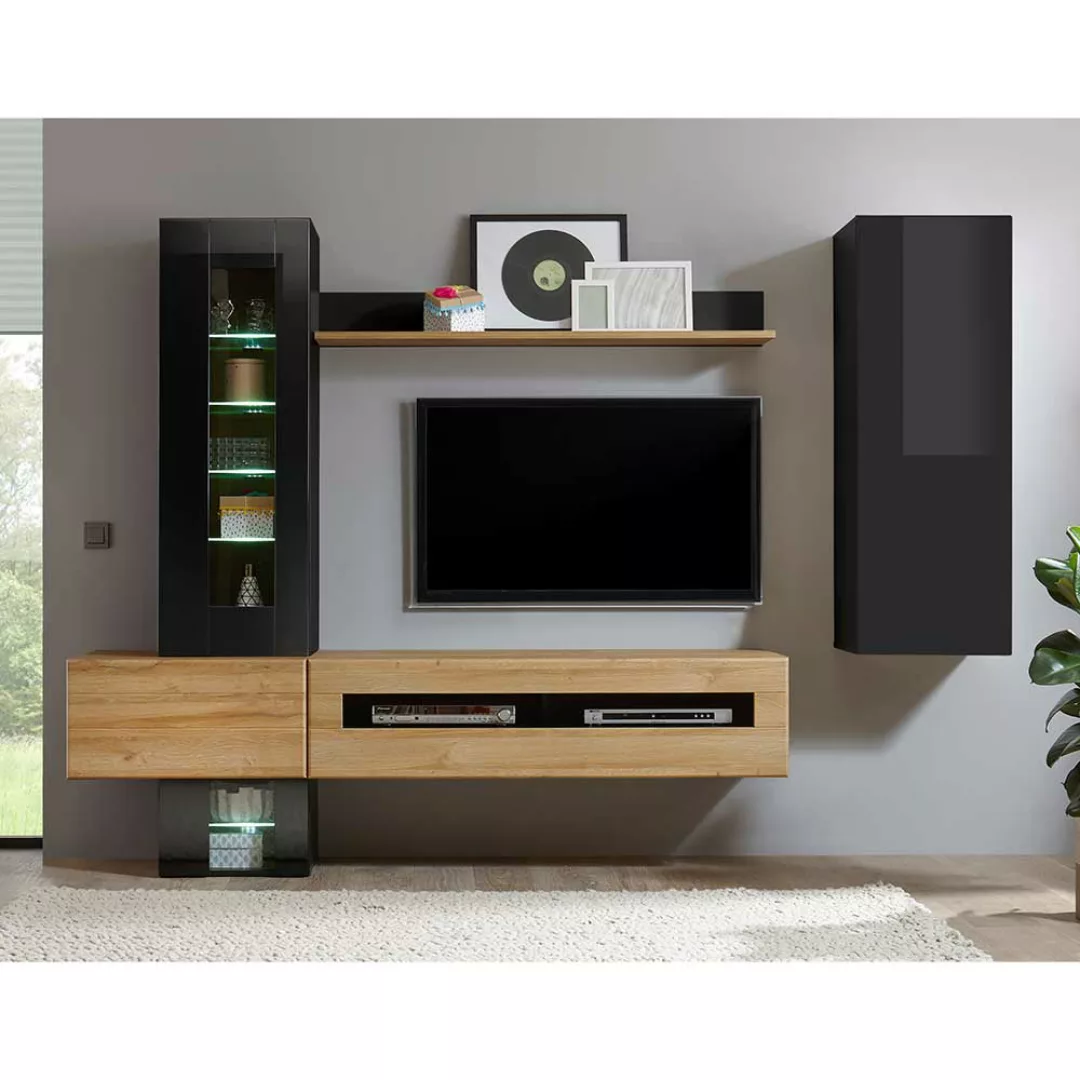 Wohnzimmer Schrankwand in Schwarz Hochglanz und Wildeiche Optik modern (sec günstig online kaufen