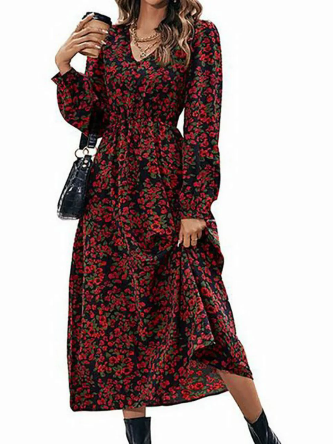 BlauWave Druckkleid V-Ausschnitt Abendkleid Damen Maxikleid mit Blumenmuste günstig online kaufen