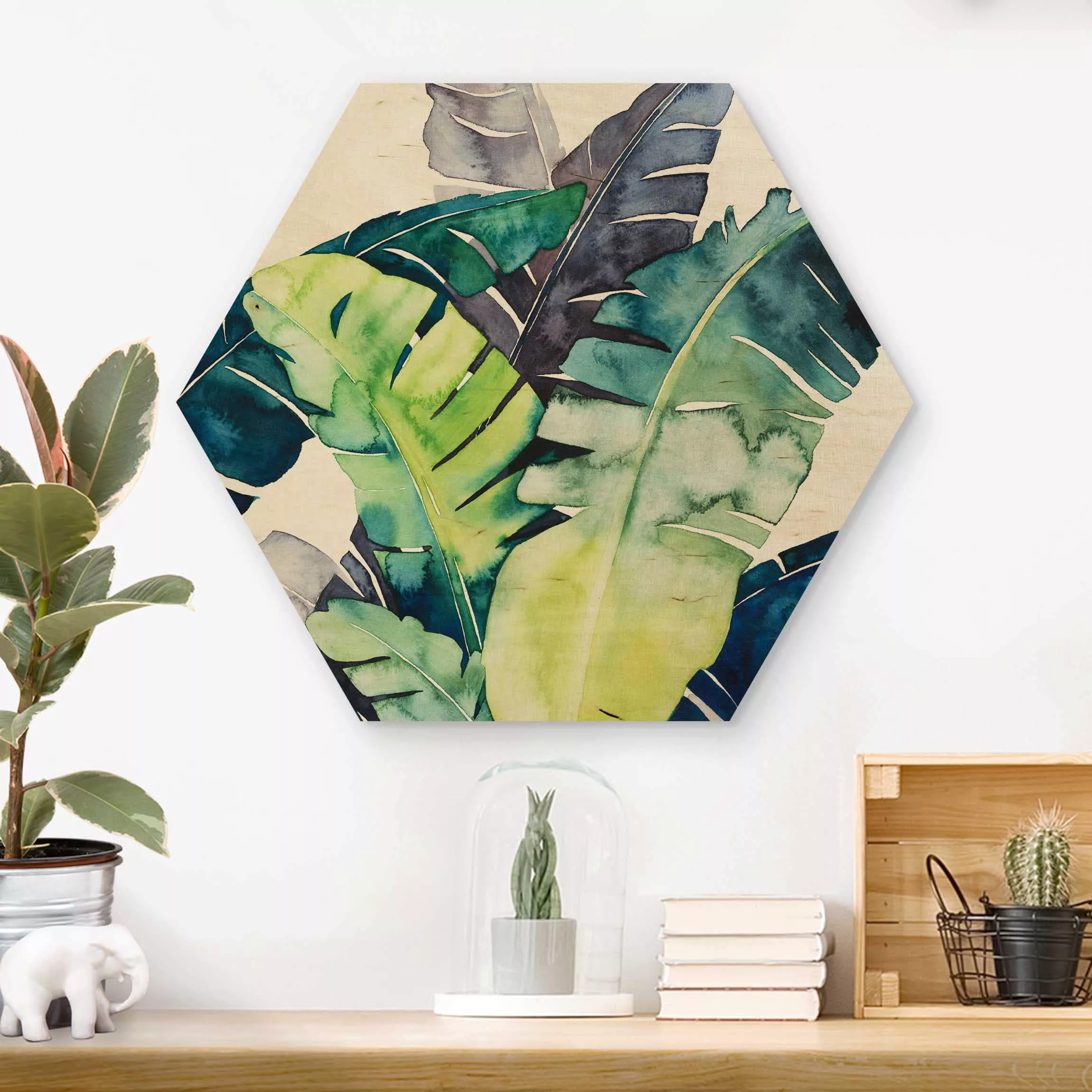 Hexagon-Holzbild Blumen Exotisches Blattwerk - Banane günstig online kaufen