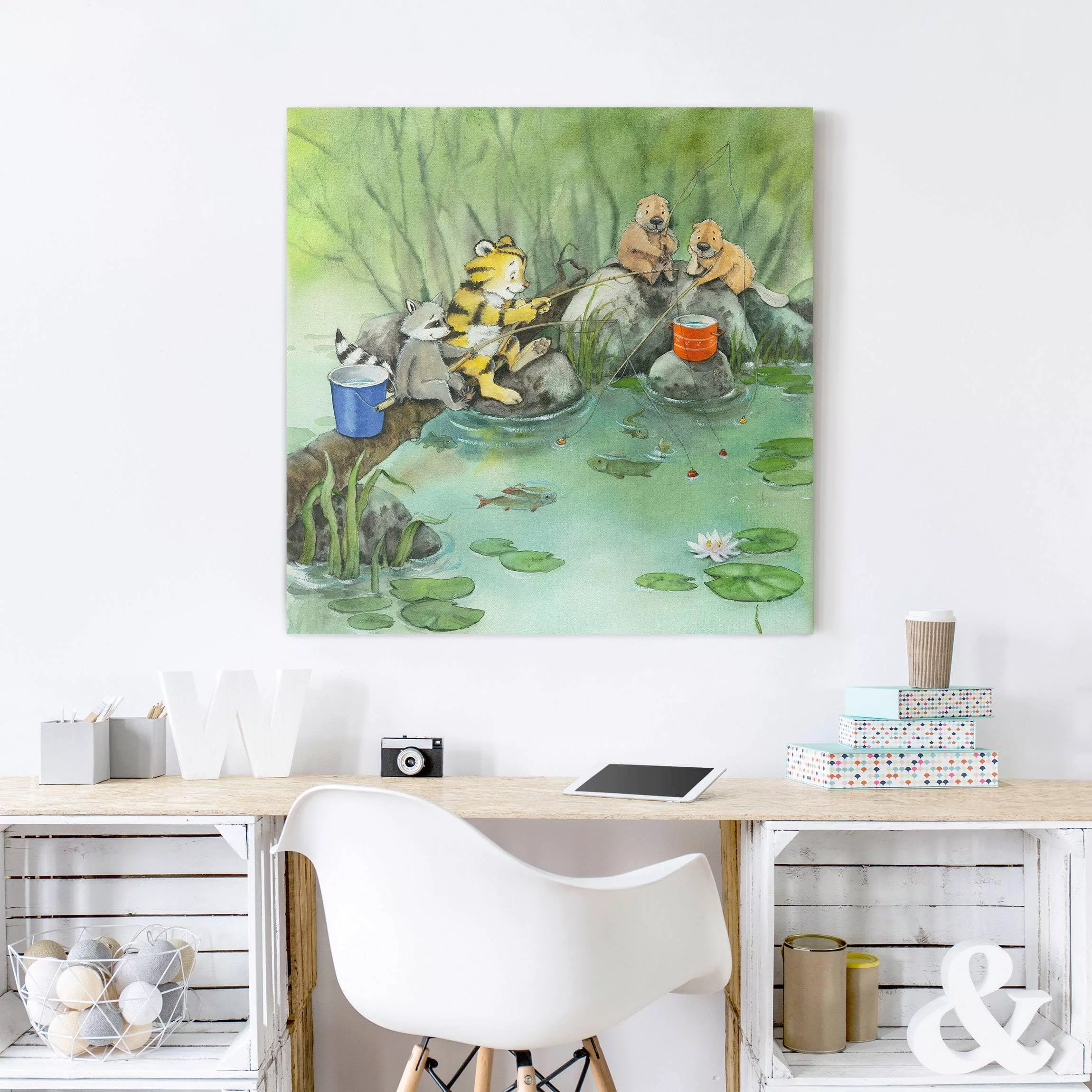 Leinwandbild Kinderzimmer - Quadrat Kleiner Tiger - Beim Angeln günstig online kaufen