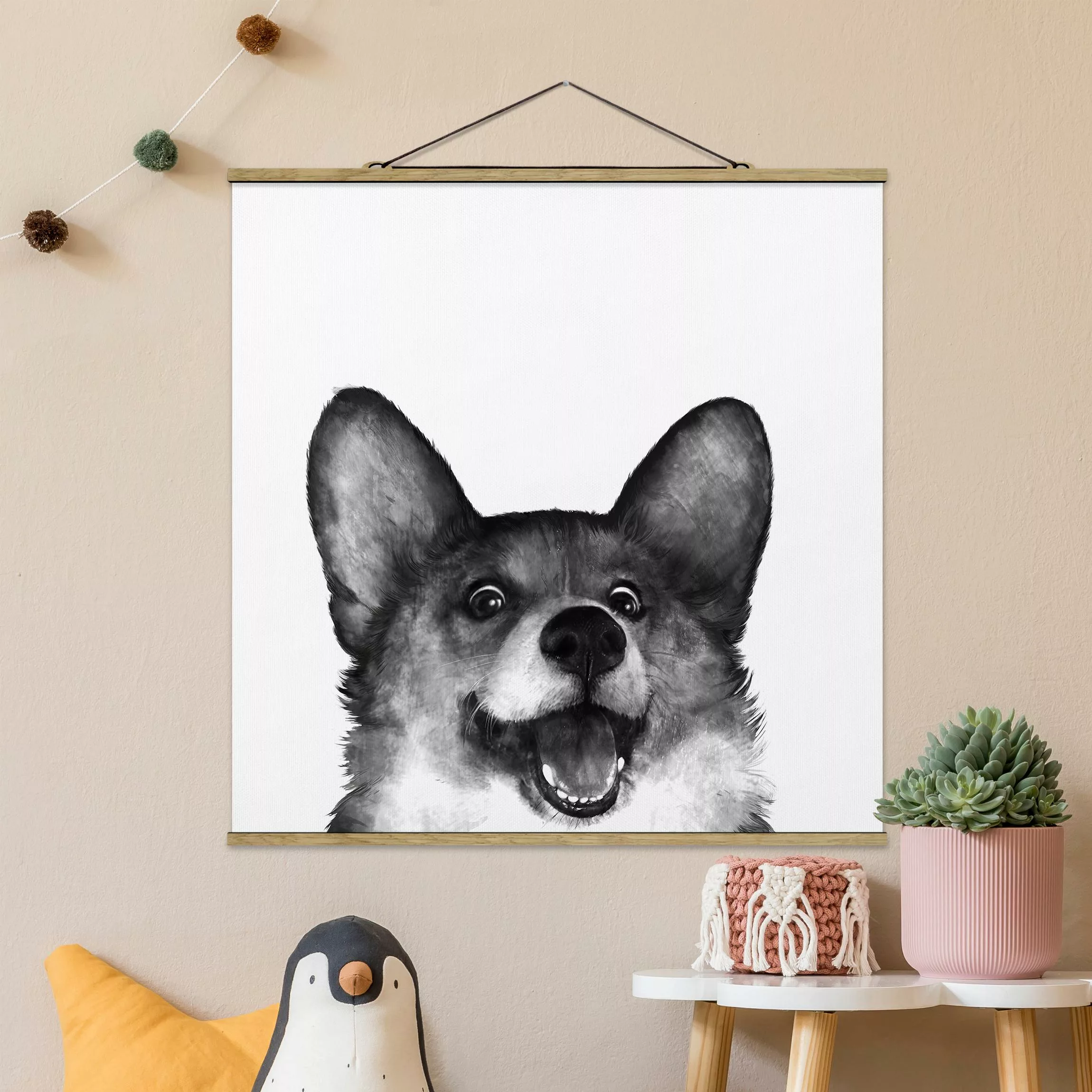 Stoffbild Tiere mit Posterleisten - Quadrat Illustration Hund Corgi Weiß Sc günstig online kaufen