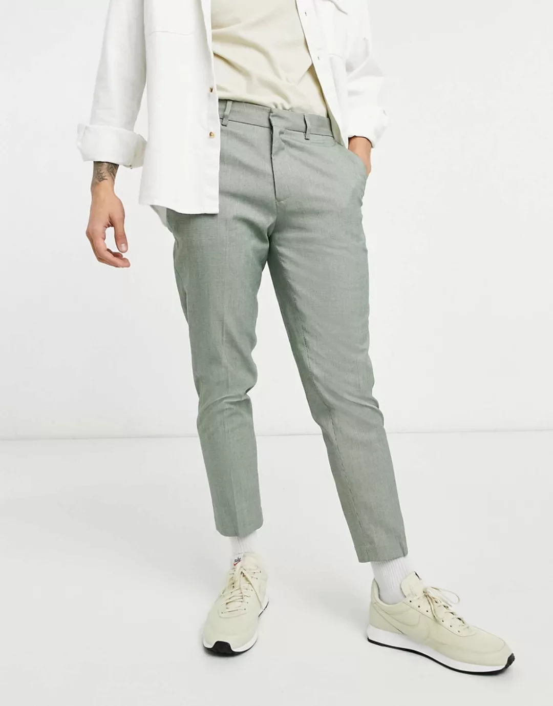 ASOS DESIGN – Elegante, enge Hose mit kleinem Karomuster in Khaki-Grün günstig online kaufen