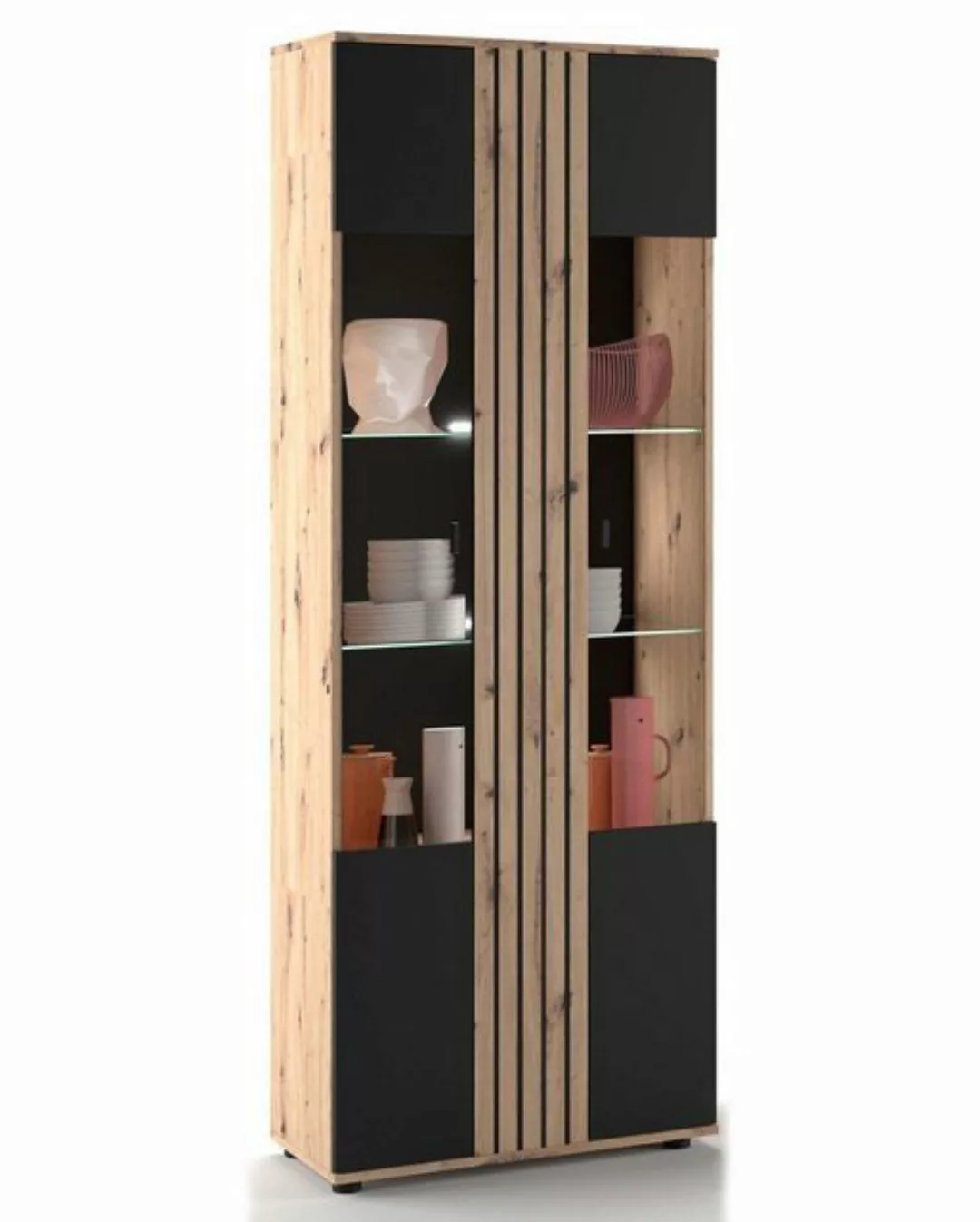 möbelando Vitrine in Schwarz/Dekor Lamellen Artisan Eiche mit 2 Türen und 5 günstig online kaufen