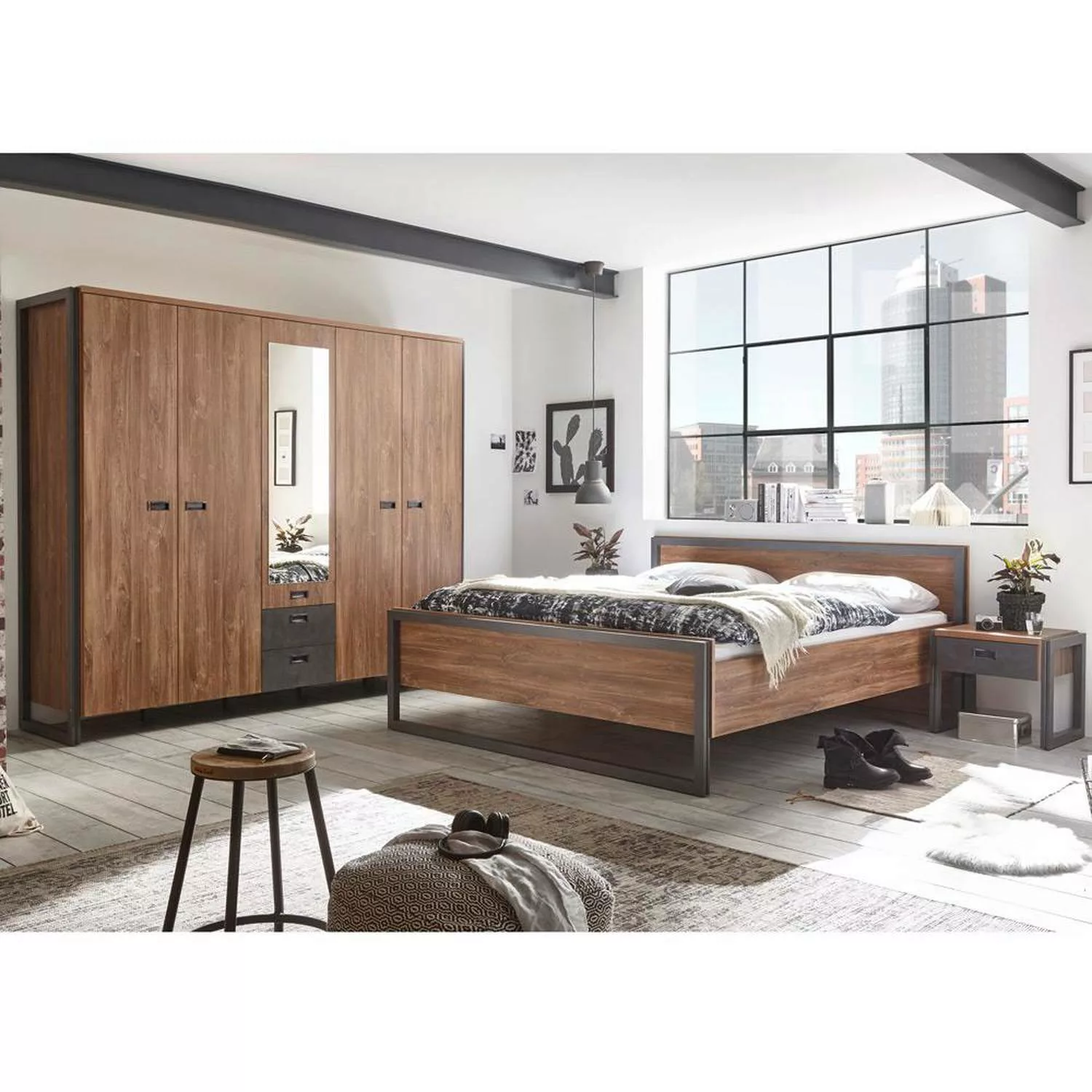 Schlafzimmer DALLAS-61 im Industrial Stil Komplett-Set Dekor Stirling Oak N günstig online kaufen