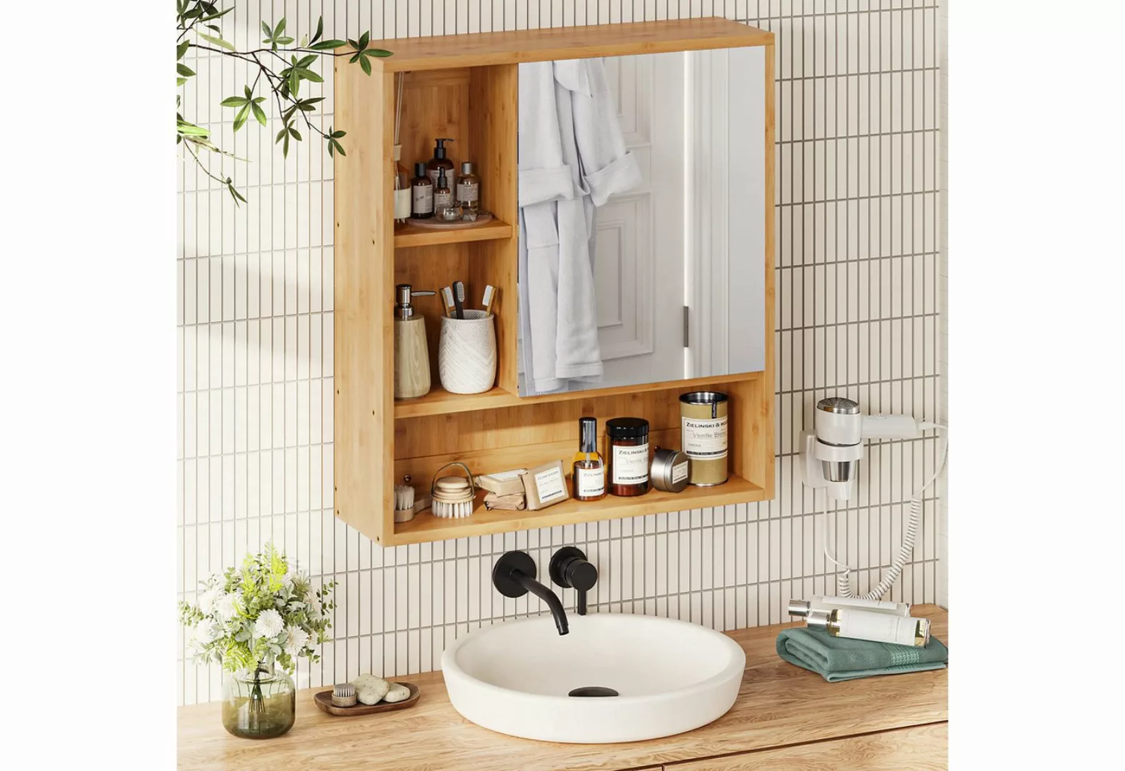 MSMASK Spiegelschrank Bambus Badezimmer-Wandschrank mit Türen und 3 Ablagef günstig online kaufen