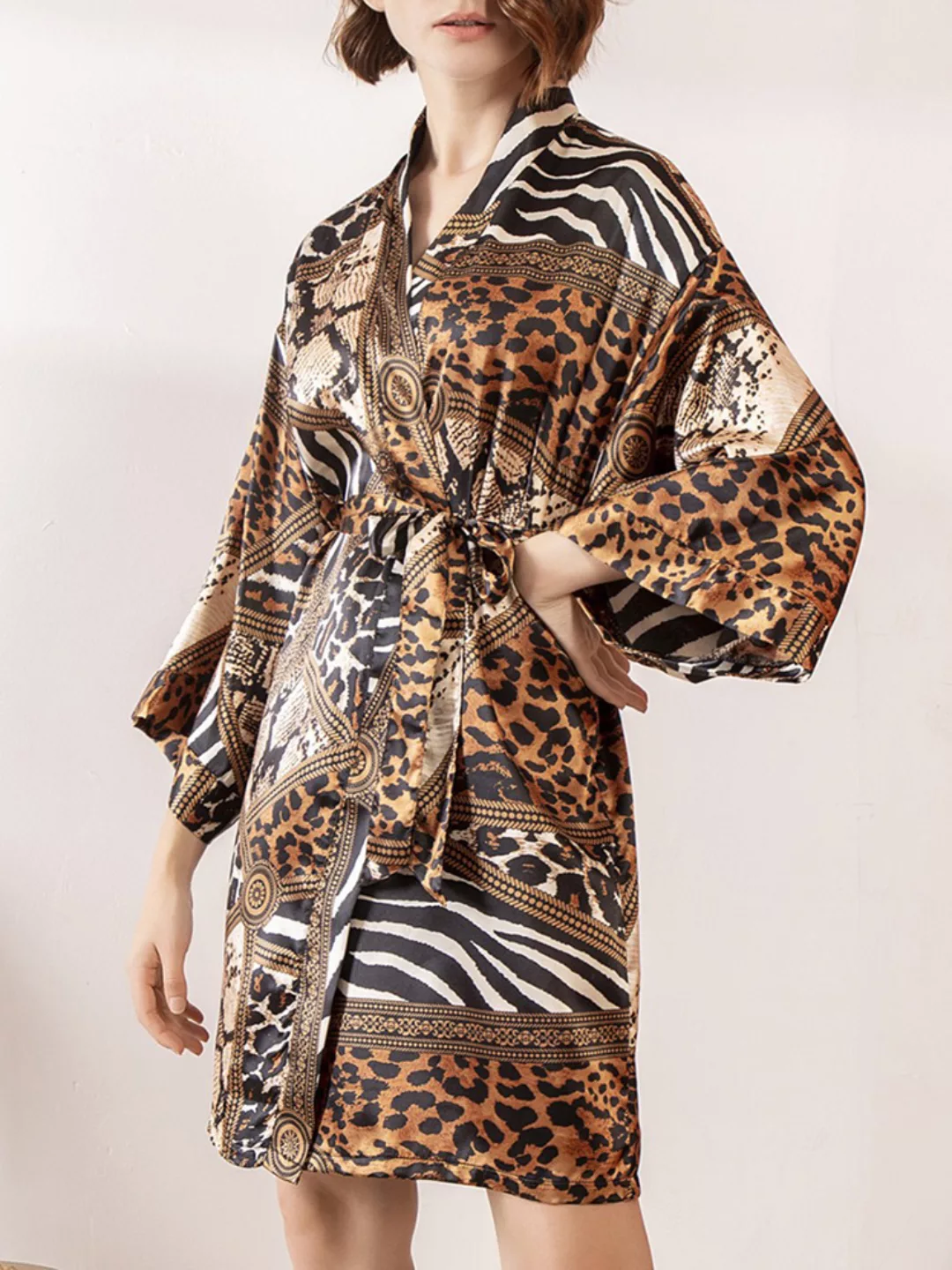 Damen Allover Leopard Zebra Print Kunstseide Langarm Robe Pyjama Mit Gürtel günstig online kaufen