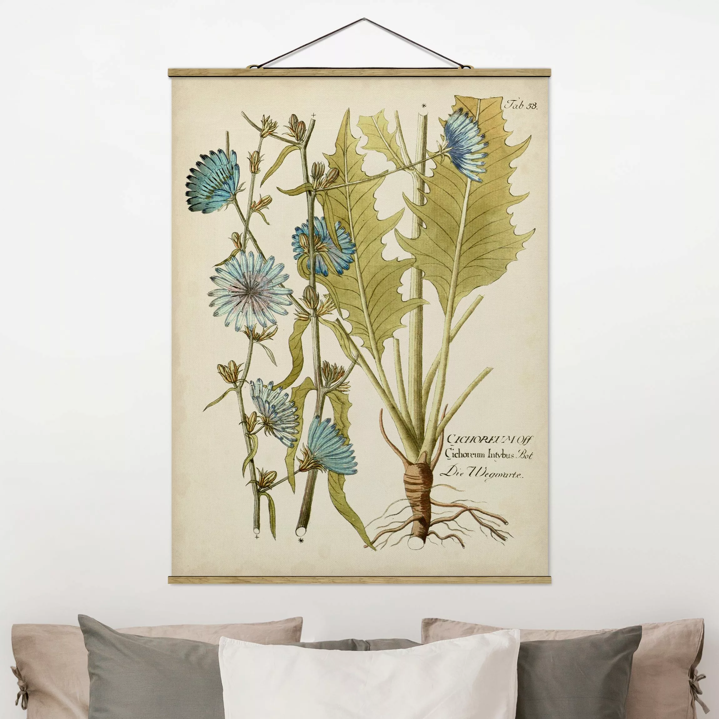 Stoffbild Blumen mit Posterleisten - Hochformat Vintage Botanik in Blau Weg günstig online kaufen