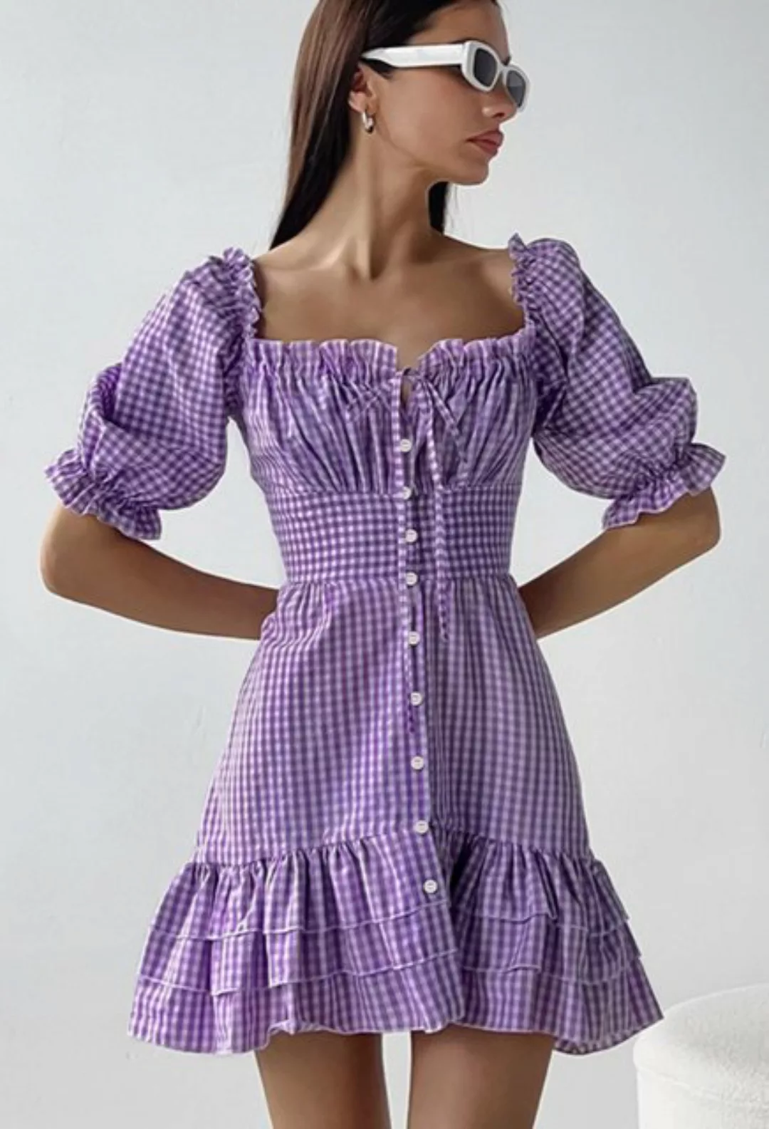 LOVGCCN Sommerkleid Sommer Mode Plaid Quadrat Hals Blase Ärmel Kleid (Tempe günstig online kaufen