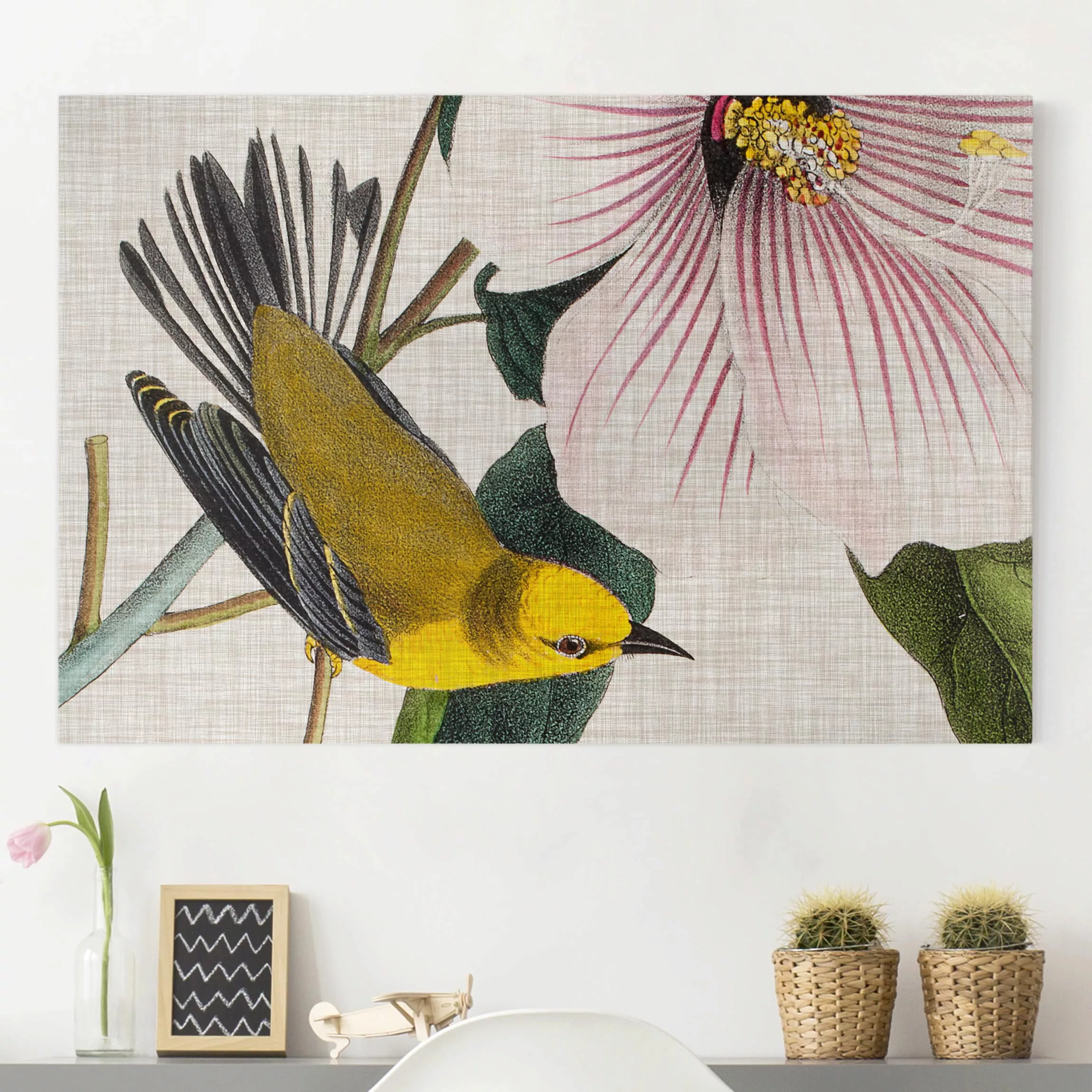 Leinwandbild Blumen - Querformat Vogel auf Leinen Gelb I günstig online kaufen