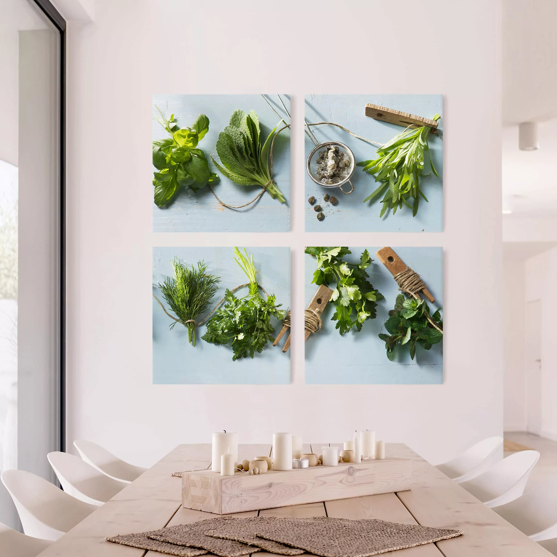 4-teiliges Leinwandbild Küche - Quadrat Gebündelte Kräuter günstig online kaufen