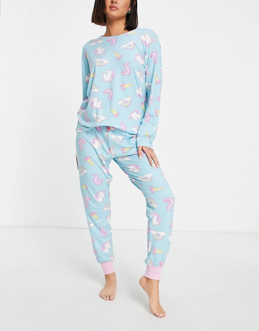 Chelsea Peers – Langer Pyjama in Blau mit Einhorn- und Regenbogenmotiv günstig online kaufen