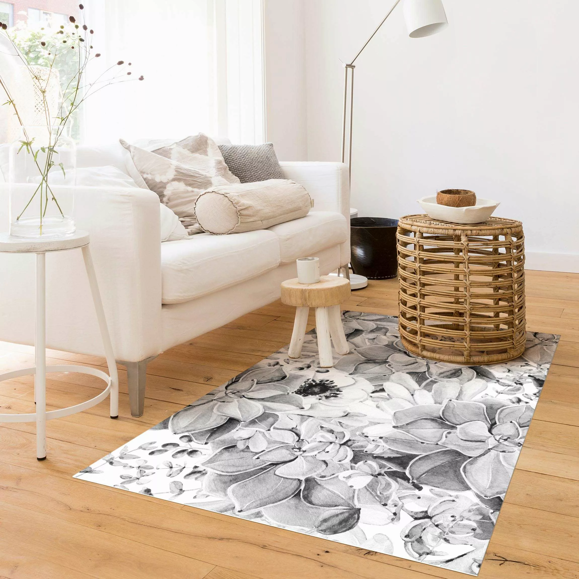 Vinyl-Teppich Aquarell Sukkulente mit Blüte in Schwarz Weiß günstig online kaufen