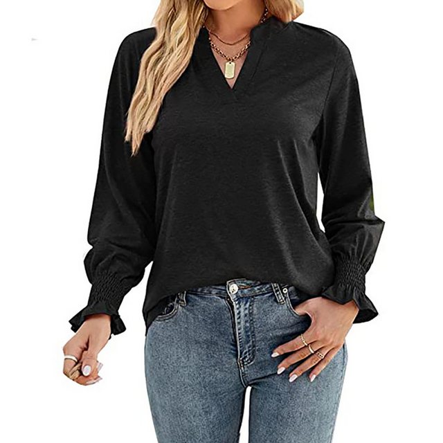 MC Star Shirtbluse Damen Puff Langarmshirts V-Ausschnitt Lockere T-Shirts E günstig online kaufen