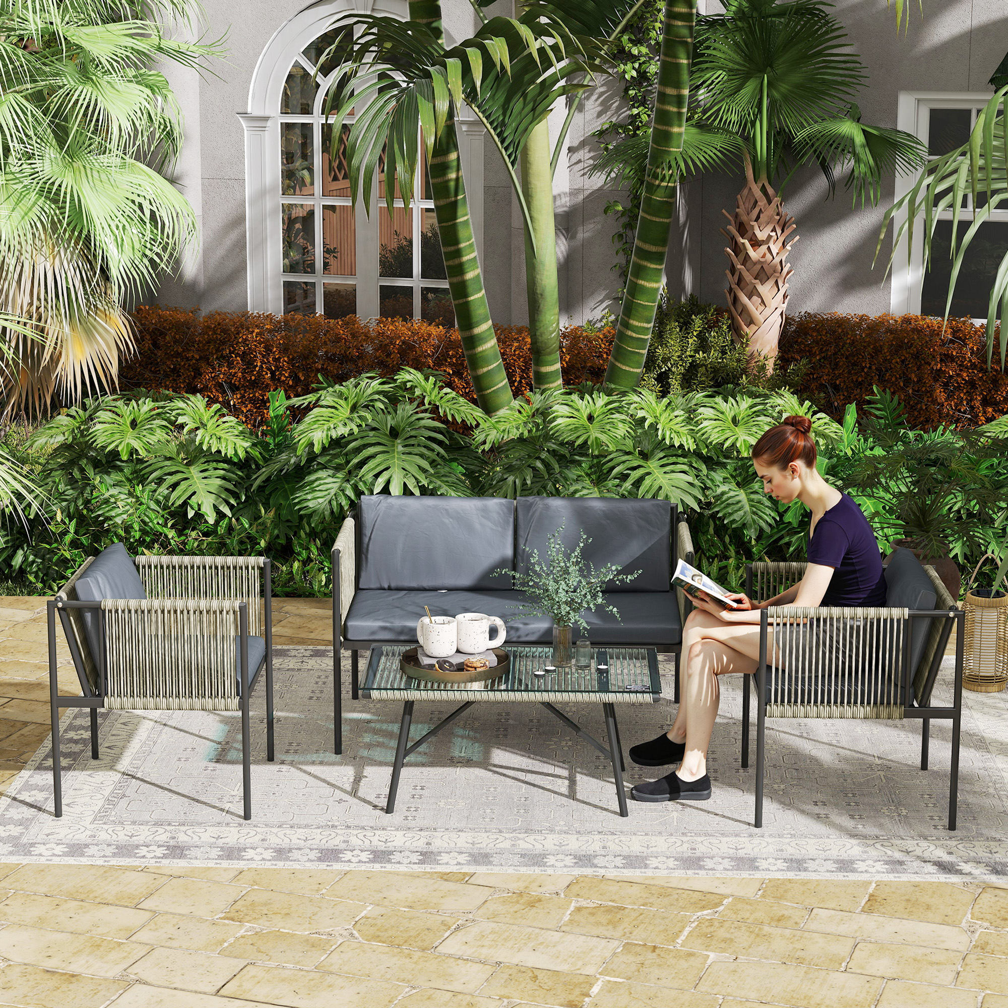 Outsunny Gartenmöbel Set aus Polyrattan Lounge-Set mit 2er Sofa Sessel Glas günstig online kaufen