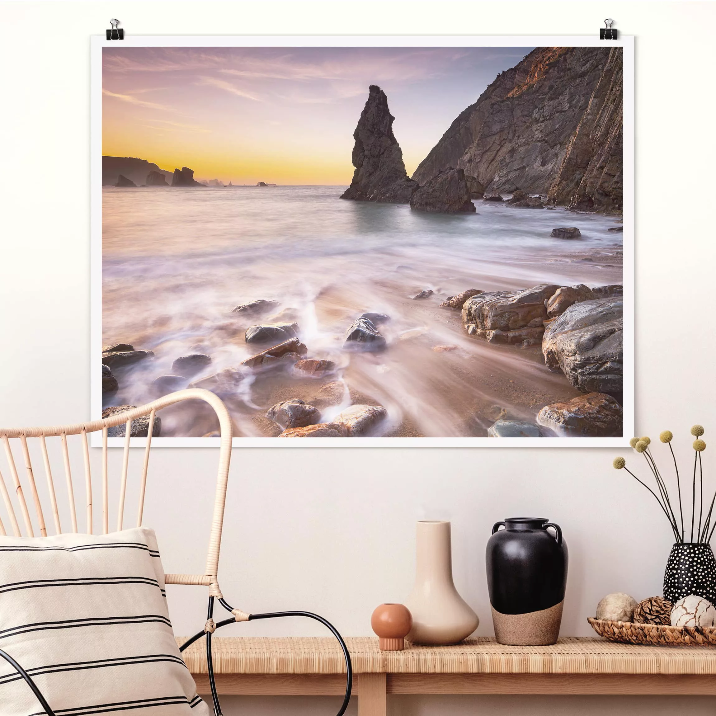 Poster Strand - Querformat Spanischer Strand bei Sonnenaufgang günstig online kaufen