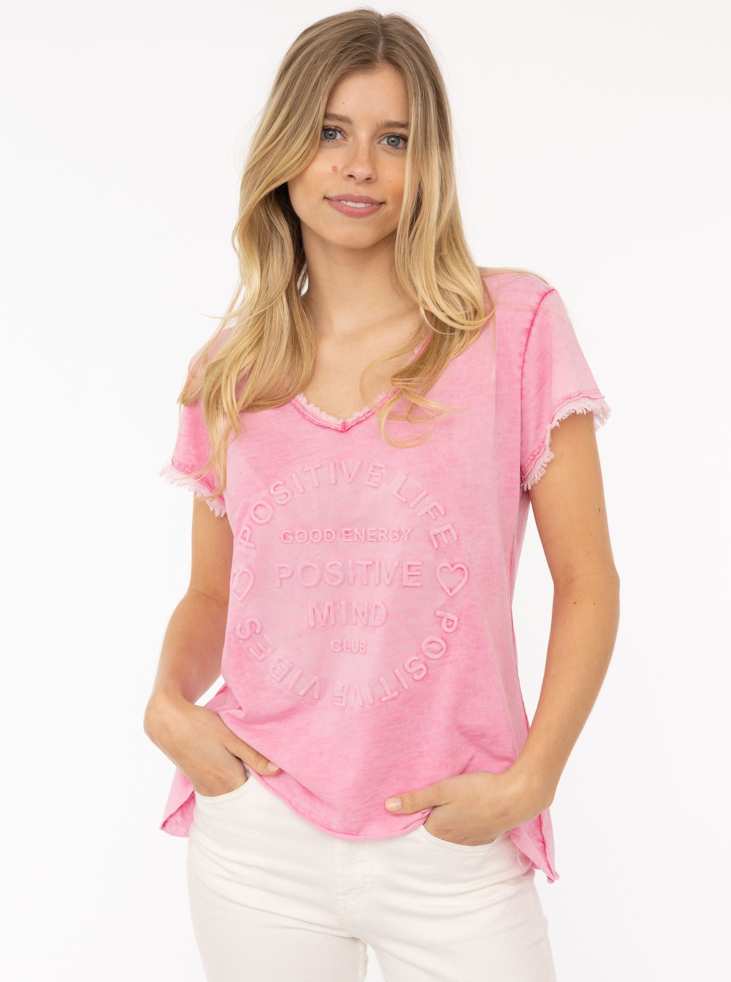 Zwillingsherz T-Shirt ""Positive Mind"", V-Ausschnitt, Kurzarm, Used-Look, günstig online kaufen