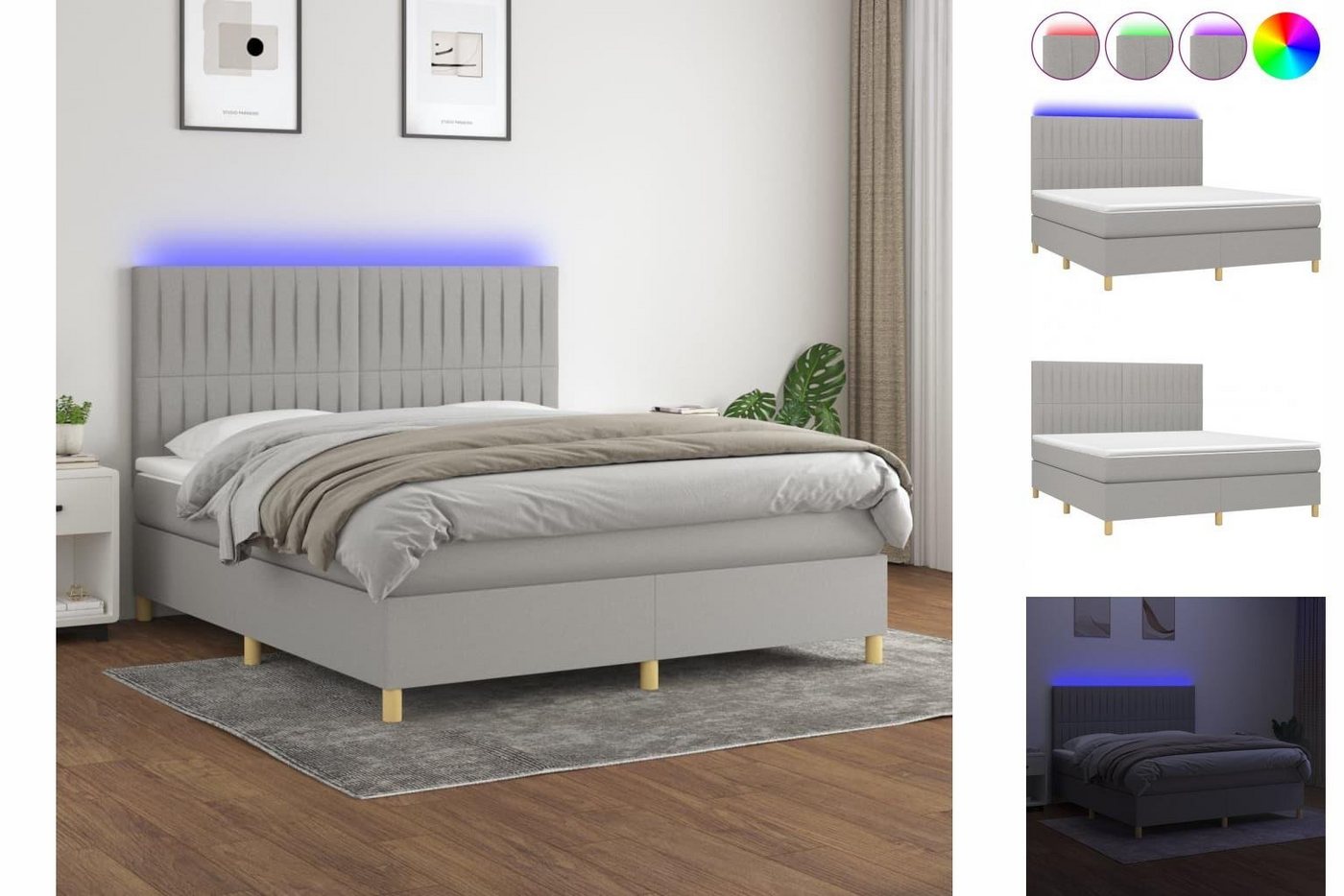 vidaXL Bettgestell Boxspringbett mit Matratze LED Hellgrau 160x200 cm Stoff günstig online kaufen