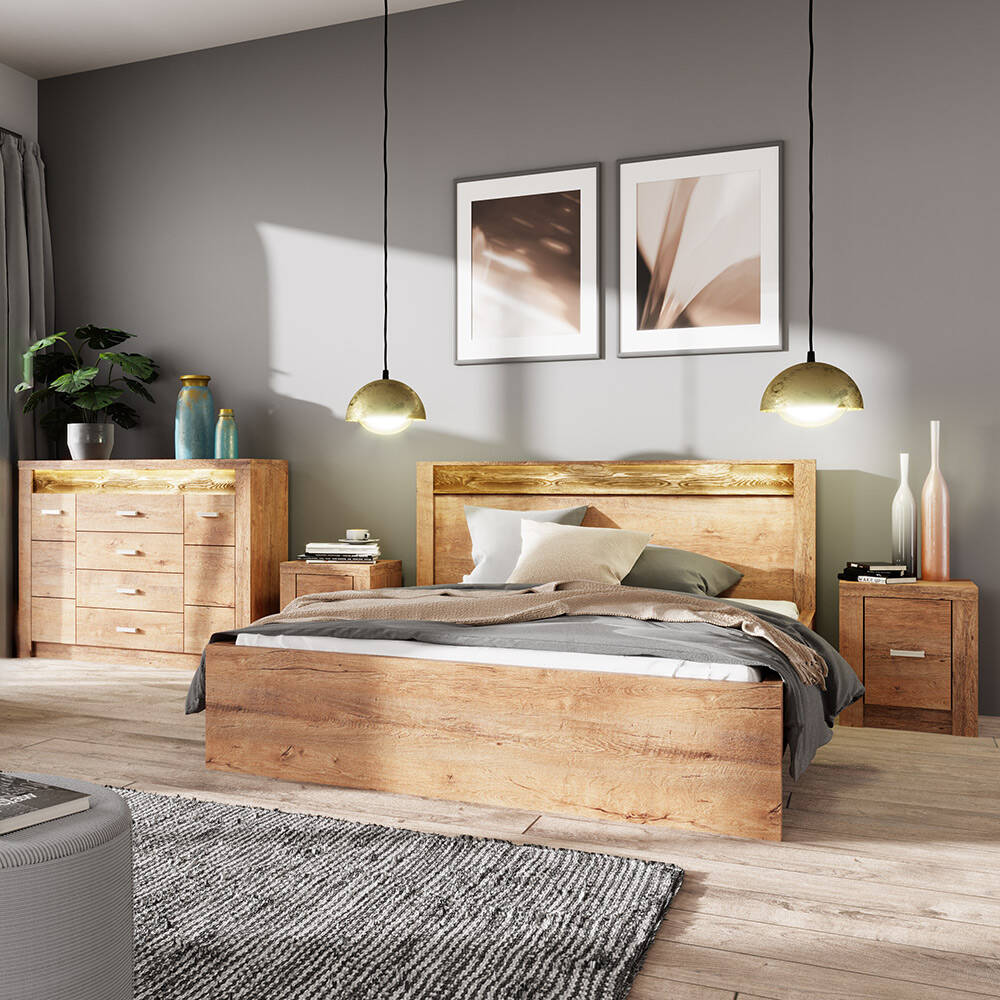 Schlafzimmer Komplettset 4-teilig mit Bett 160x200 cm modern in Esche hell günstig online kaufen